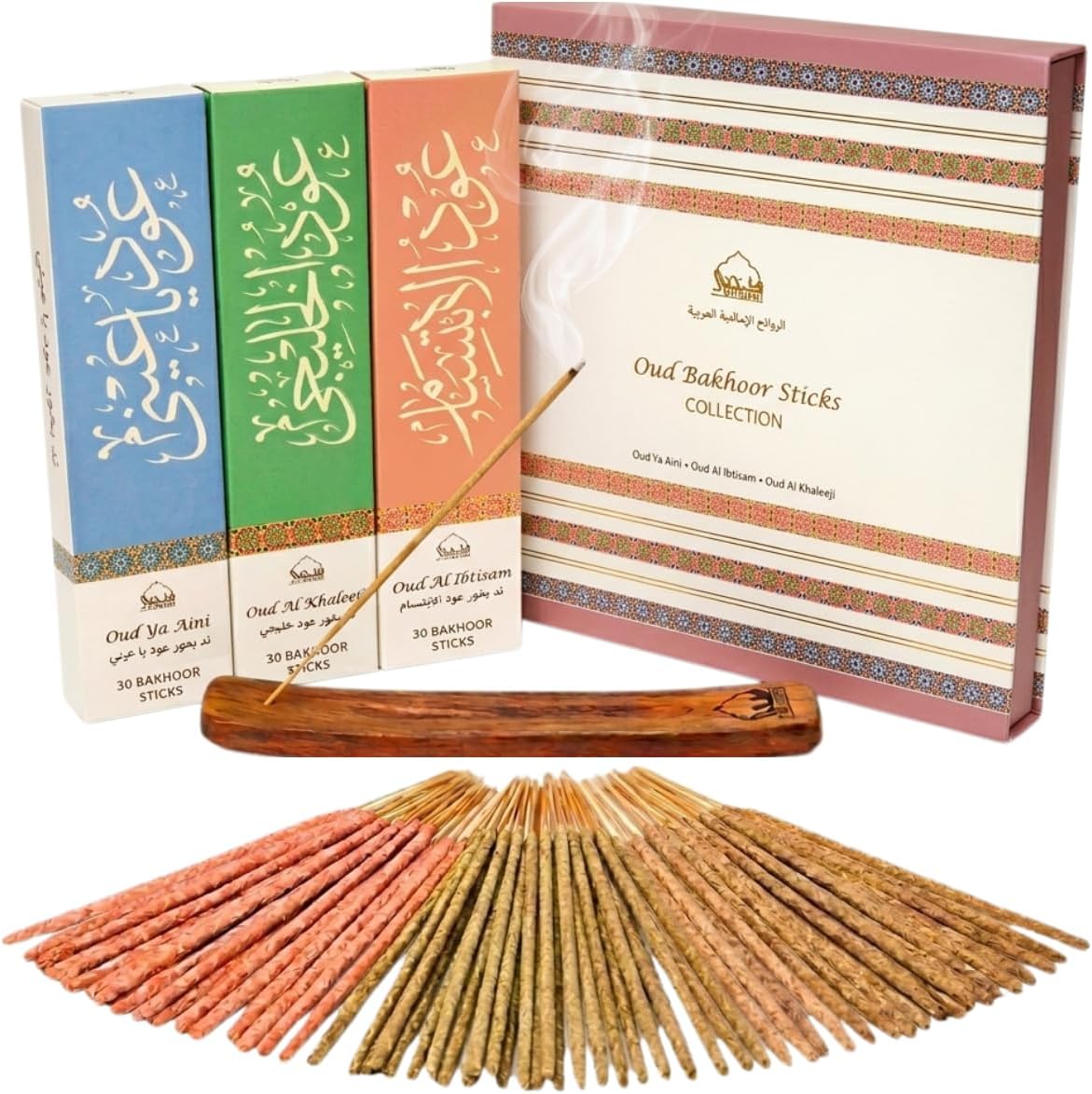 Premium Oud Incense Sticks Gift Set by Dukhni – 90 Oudh Agarwood Sticks I 3 Assorted Scents + Wooden Incense Holder | Long-Lasting Arabic Oud Fragrance | Luxury Aromatic Set | Islamic Gifts