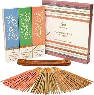 Premium Oud Incense Sticks Gift Set by Dukhni – 90 Oudh Agarwood Sticks I 3 Assorted Scents + Wooden Incense Holder | Long-Lasting Arabic Oud Fragrance | Luxury Aromatic Set | Islamic Gifts