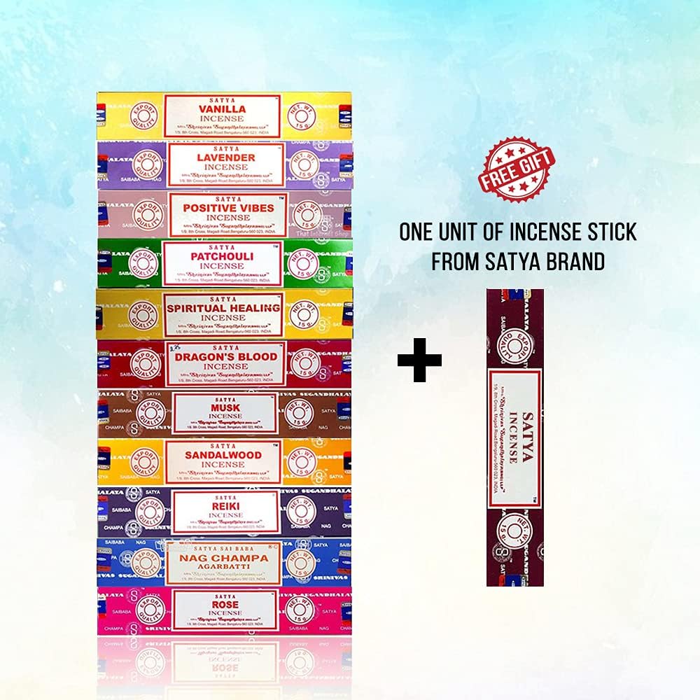 Generic Set of 15g Nag Champa, Lavender, Patchouli, Musk, Reiki, Rose, Positive Vibes, Spiritual Healing, Dragon Blood, Sandalwood, Vanilla + Free One Unit Satya Incense