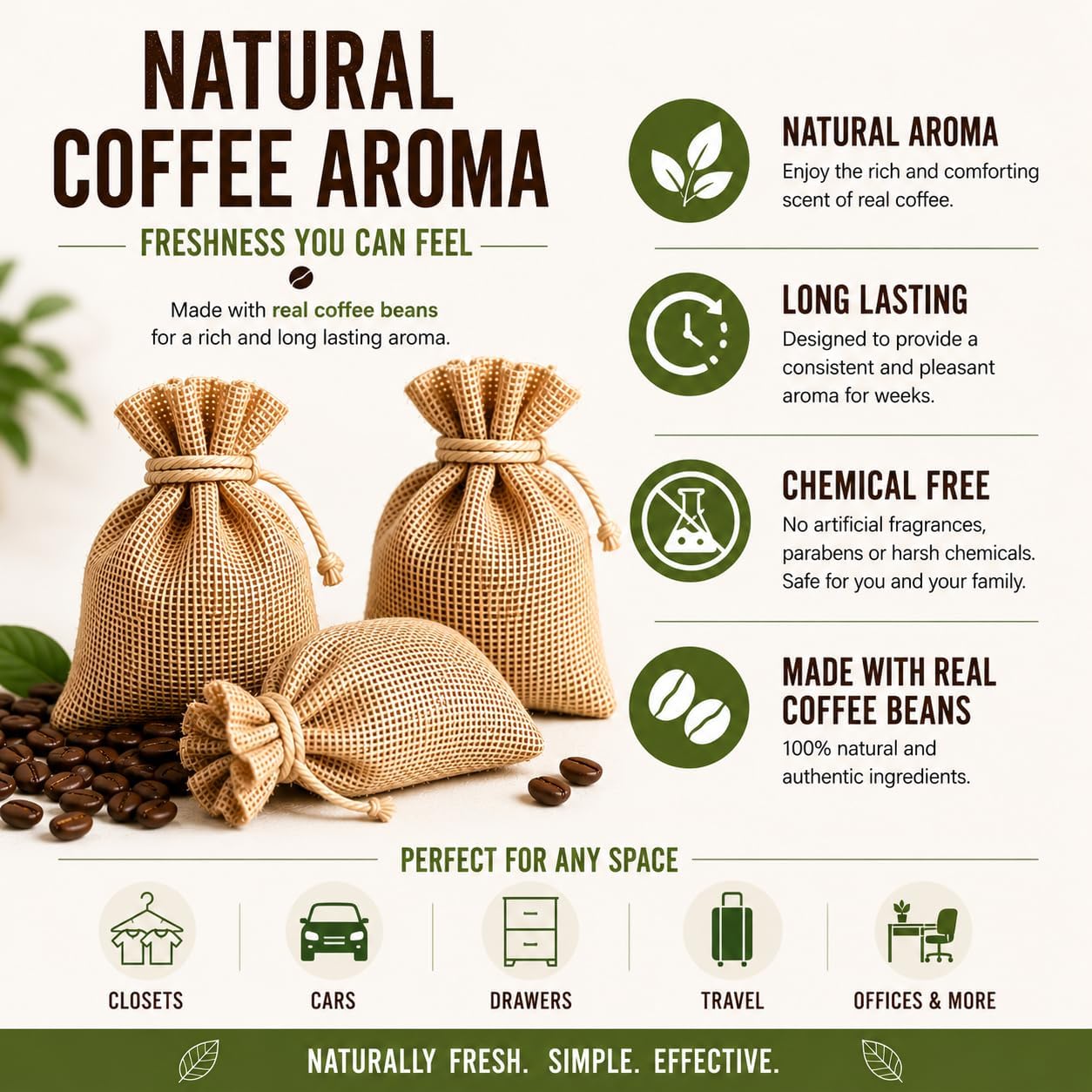 Coffee Scented Bags, Natural Coffee Aroma Air Freshener, Made with Real Beans, Long Lasting Fragrance, for Closets, Cars and Drawers, 3 Pack