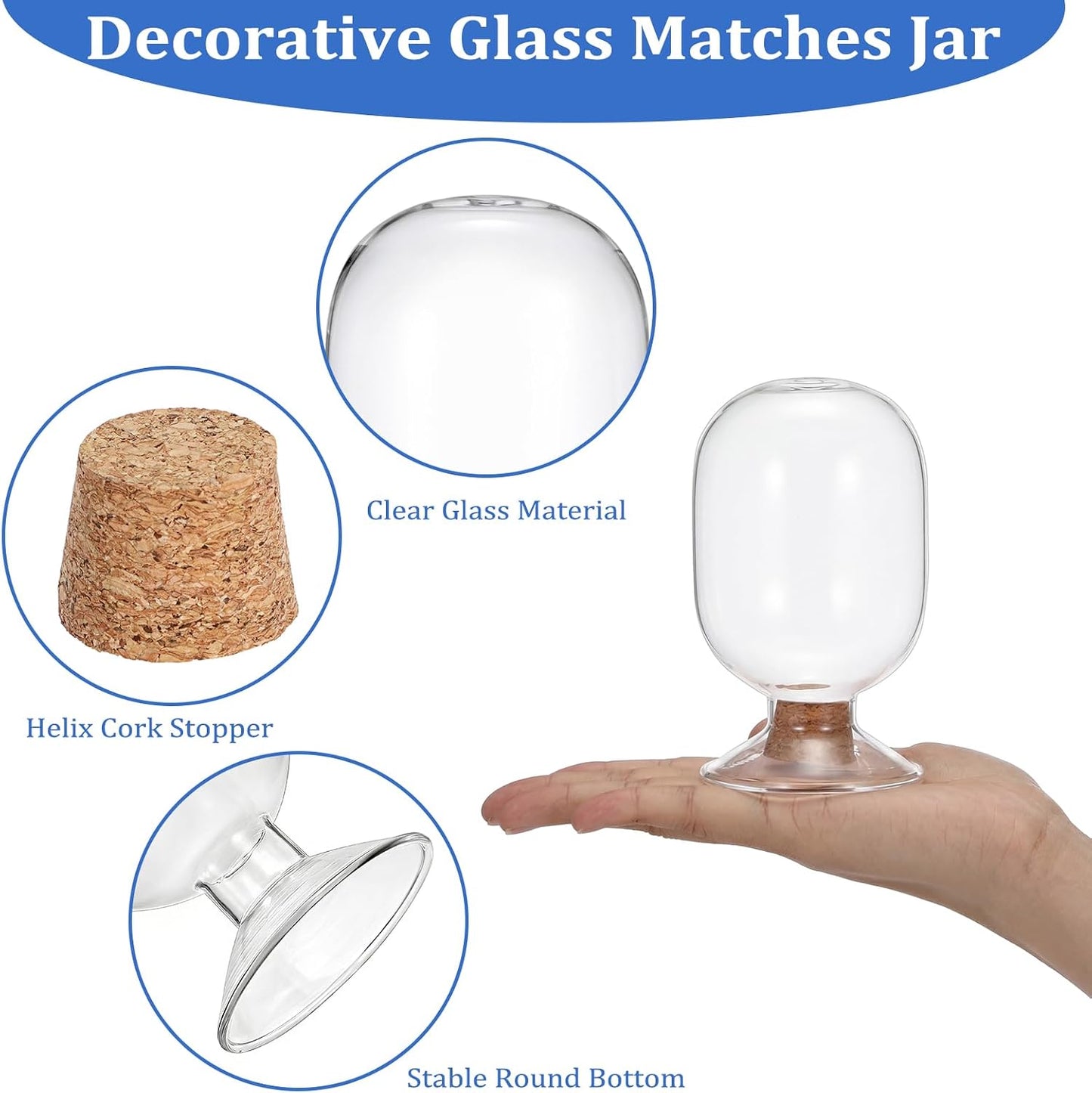 OwnMy 3 Inch Glass Match Cloche Decorative Glass Match Holder Jar with Cork Stopper, Clear Glass Matches Box Matchstick Holder Organizer for Home Bathroom Fireplace Candle Use (NOT Includes Matches)
