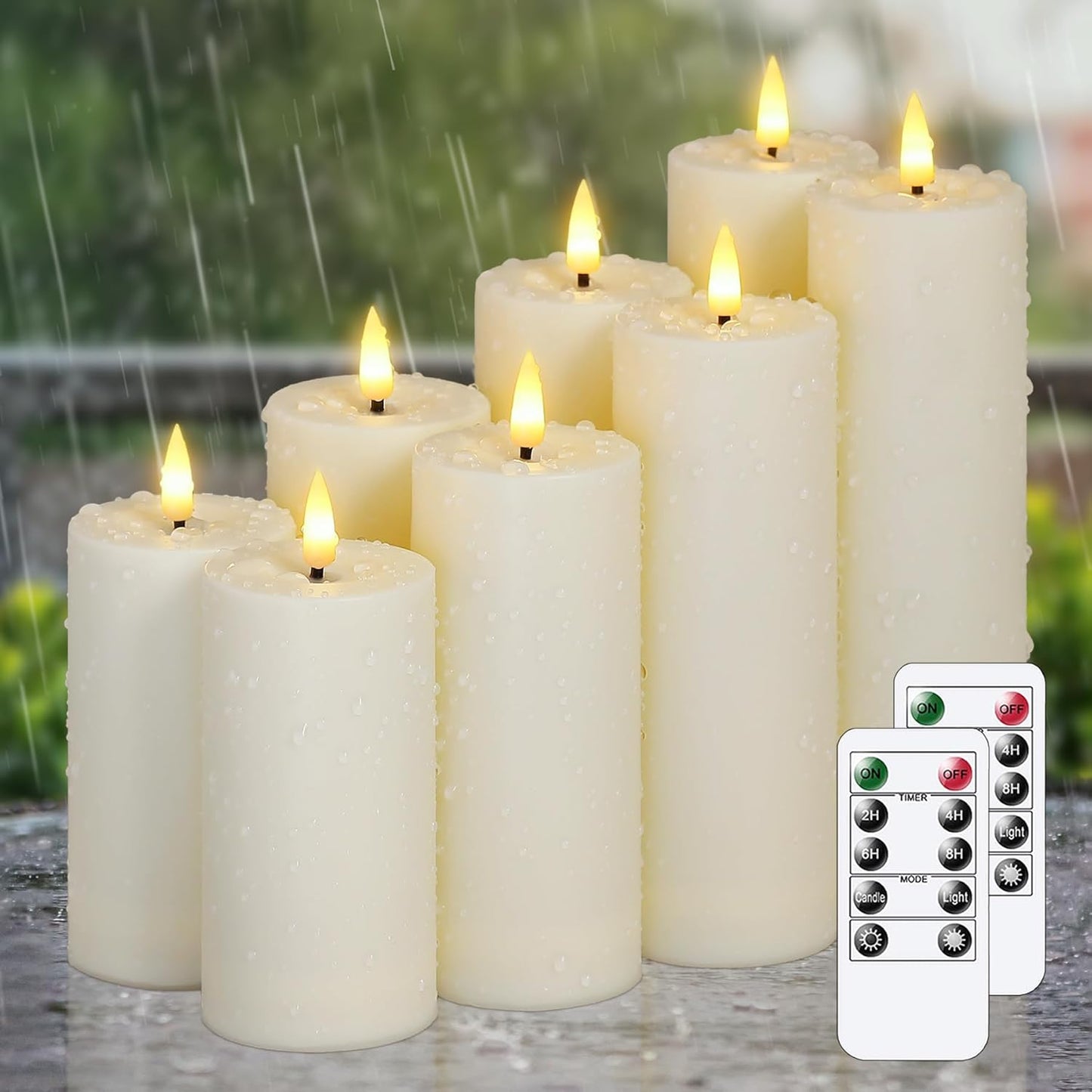 Flameless Waterproof 2.2" x4" 4" 5" 5" 6" 6" 7" 7" Pillar Candles with Remote Control and Timer, LED Battery Operated Plastic Ivory Pack of 8 Outdoor Flickering Warm Light
