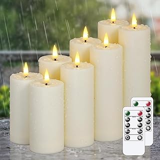 Flameless Waterproof 2.2" x4" 4" 5" 5" 6" 6" 7" 7" Pillar Candles with Remote Control and Timer, LED Battery Operated Plastic Ivory Pack of 8 Outdoor Flickering Warm Light