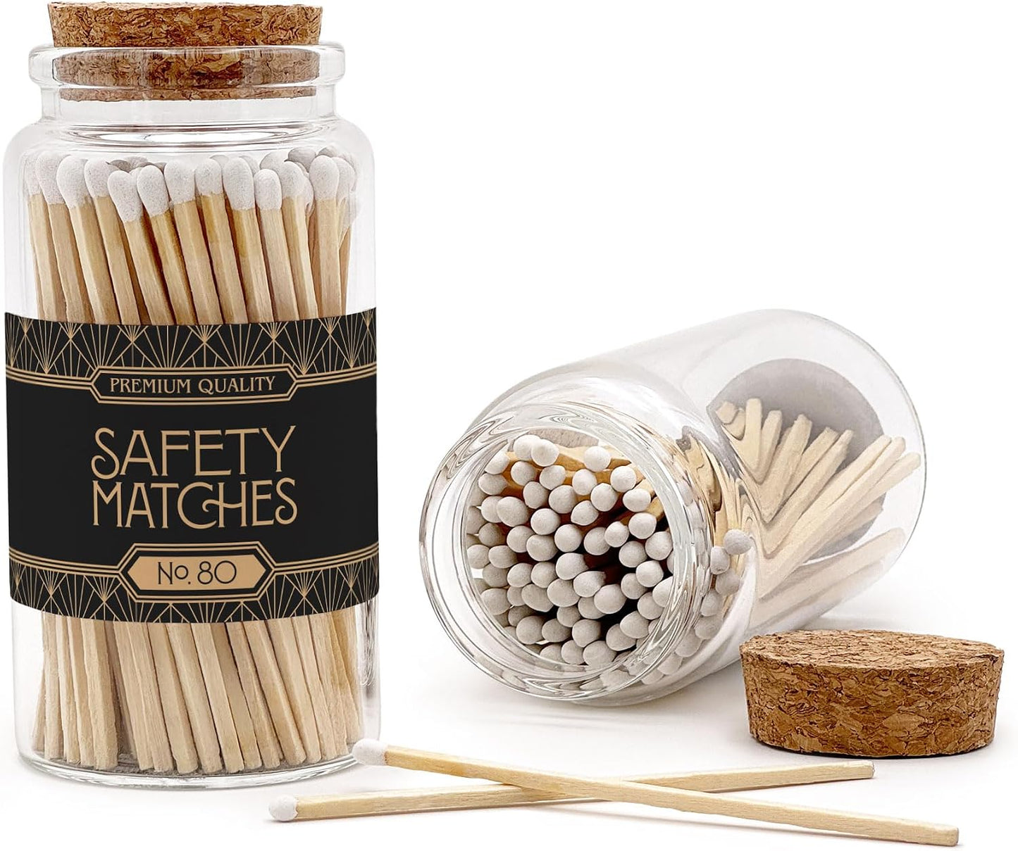 Art Deco Wooden Matches in a Jar with Striker | Decorative Matches for Candles | Long Matches for Candles in Apothecary Glass Jar | Approx. 80 Safety Matches for Home Decor & Bathroom