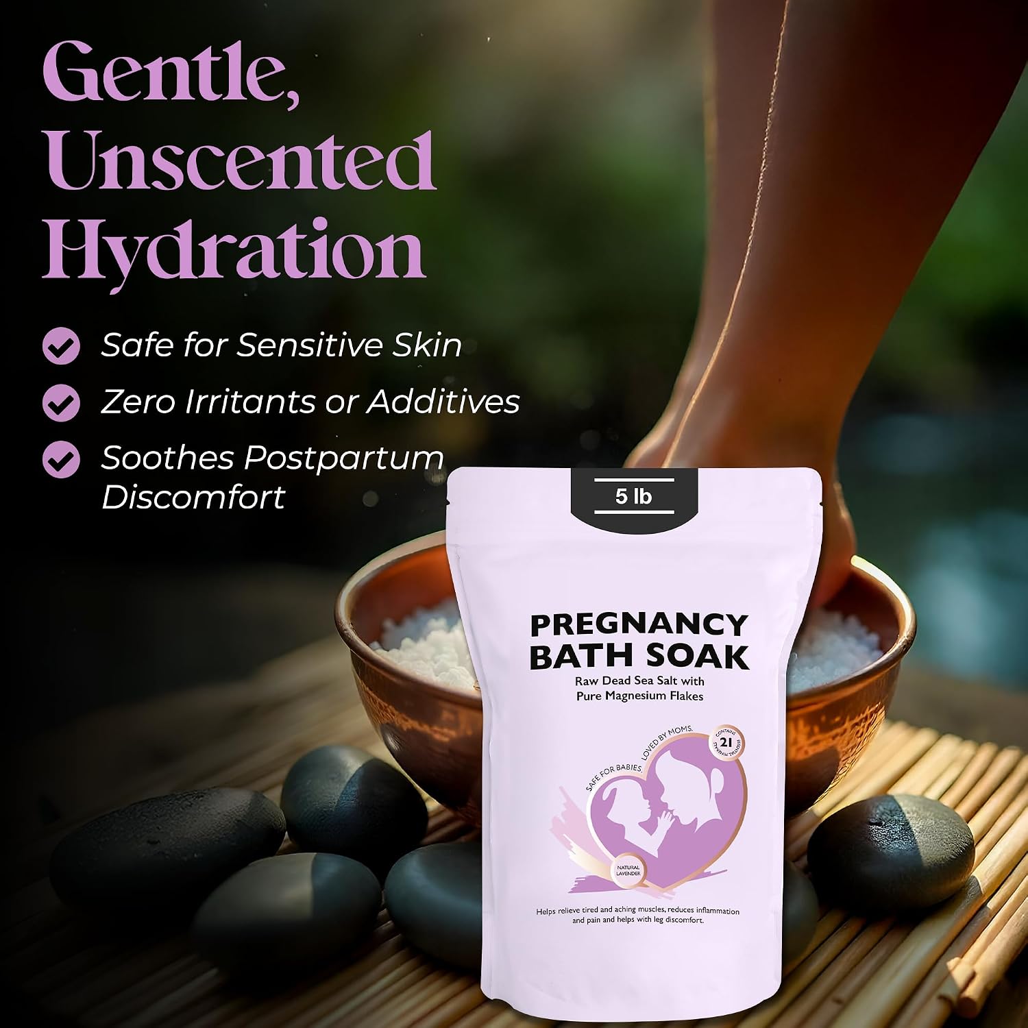 Aromasong Dead Sea Pregnancy Bath Soak 5 LB - Natural Lavender Pure Magnesium Flakes & Minerals - Pregnancy, Postpartum Muscle Ache & Leg Discomfort - Better Absorbs Than Epsom (Packaging May Vary)