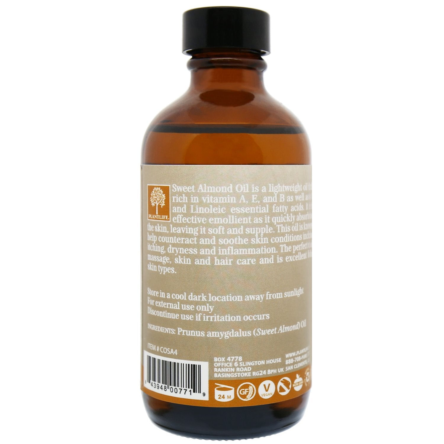 Plantlife Sweet Almond Carrier Oil - Cold Pressed, Non-GMO, and Gluten Free Carrier Oils - for Skin, Hair, and Personal Care - 4 oz
