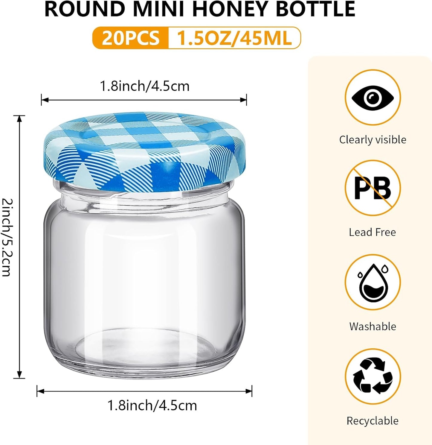 20Pack 1.5 oz Round Mini Clear Honey Jars for Wedding Favor, Baby Shower,45ml Small Glass Favor with Airtight Lids, Gift Jars, Sample Body Butter, Jam, Spices, Herbs, Candy, Candle (Blue grid lid)