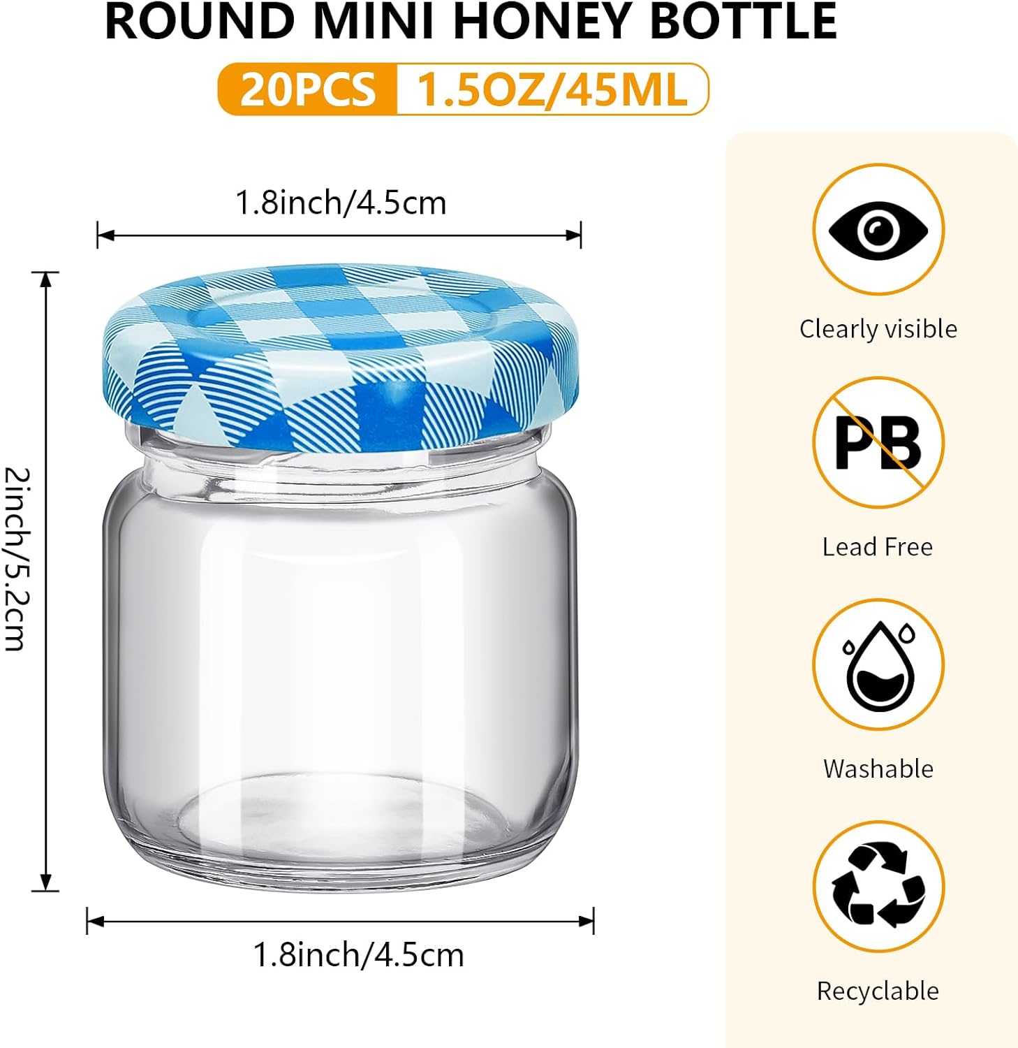 20Pack 1.5 oz Round Mini Clear Honey Jars for Wedding Favor, Baby Shower,45ml Small Glass Favor with Airtight Lids, Gift Jars, Sample Body Butter, Jam, Spices, Herbs, Candy, Candle (Blue grid lid)