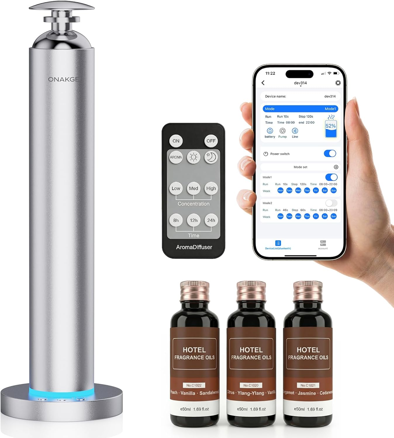 Waterless Aroma Diffuser, 8000mAh Battery Scent Air Machine for Large Room up to 1500 Sq Ft, Cold Air Diffusion Essential Oil Diffuser with App & Remote Control, Quiet Design for Home, Office, Hotel