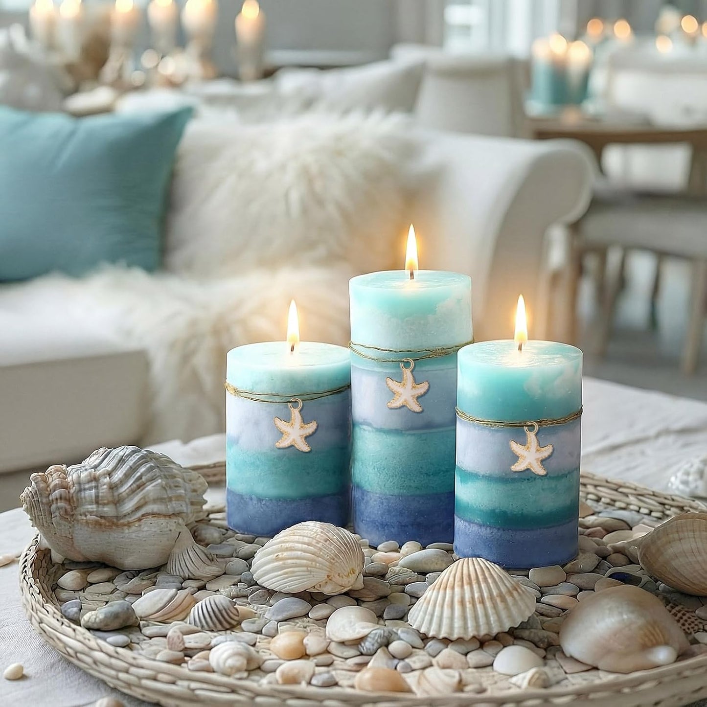 Threlaco Set of 3 Ocean Pillar Candles with Starfish Decorative Blue Pillar Layered Candles Clean Long Lasting with Ornaments for Summer Home Party Room Decor 3 Sizes