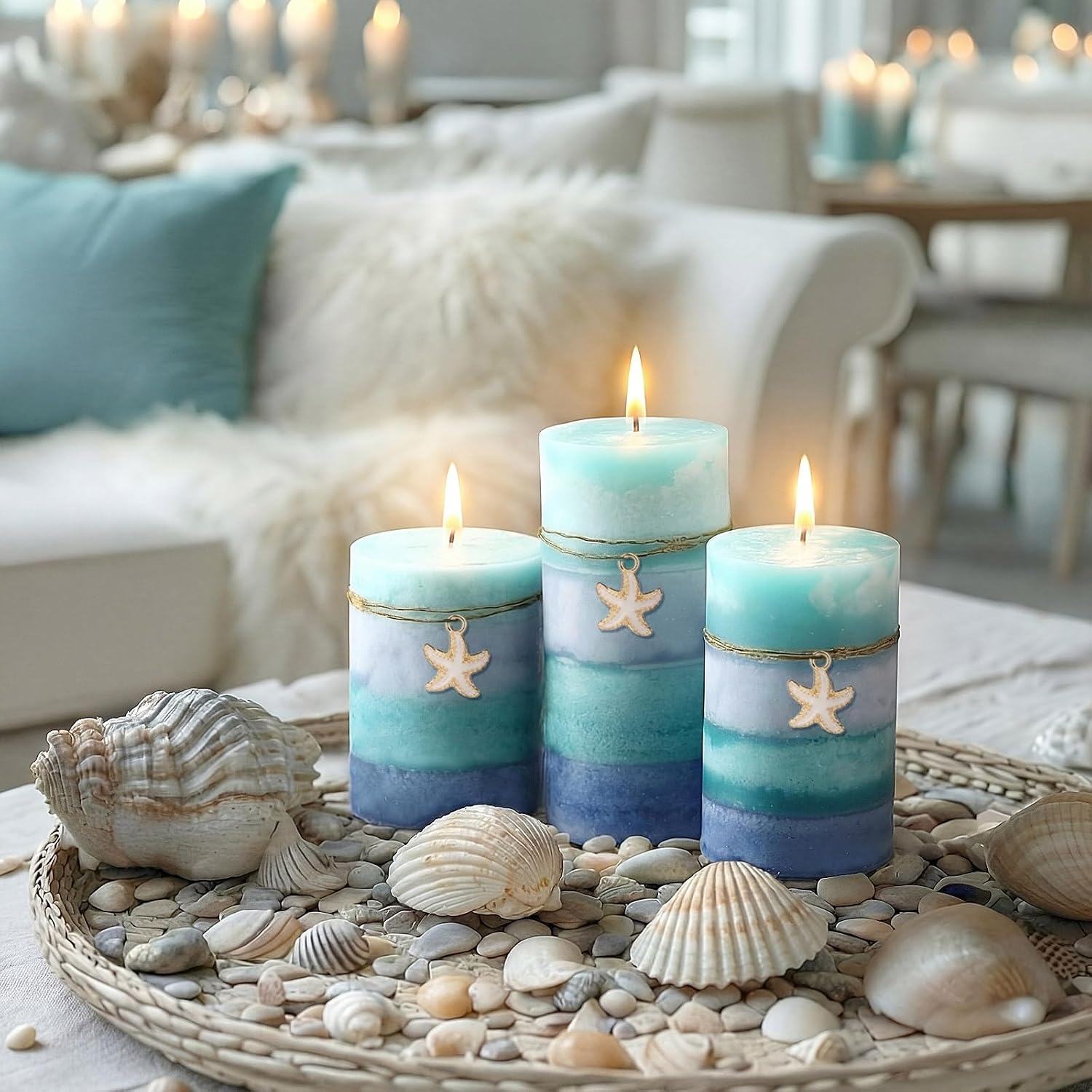 Threlaco Set of 3 Ocean Pillar Candles with Starfish Decorative Blue Pillar Layered Candles Clean Long Lasting with Ornaments for Summer Home Party Room Decor 3 Sizes