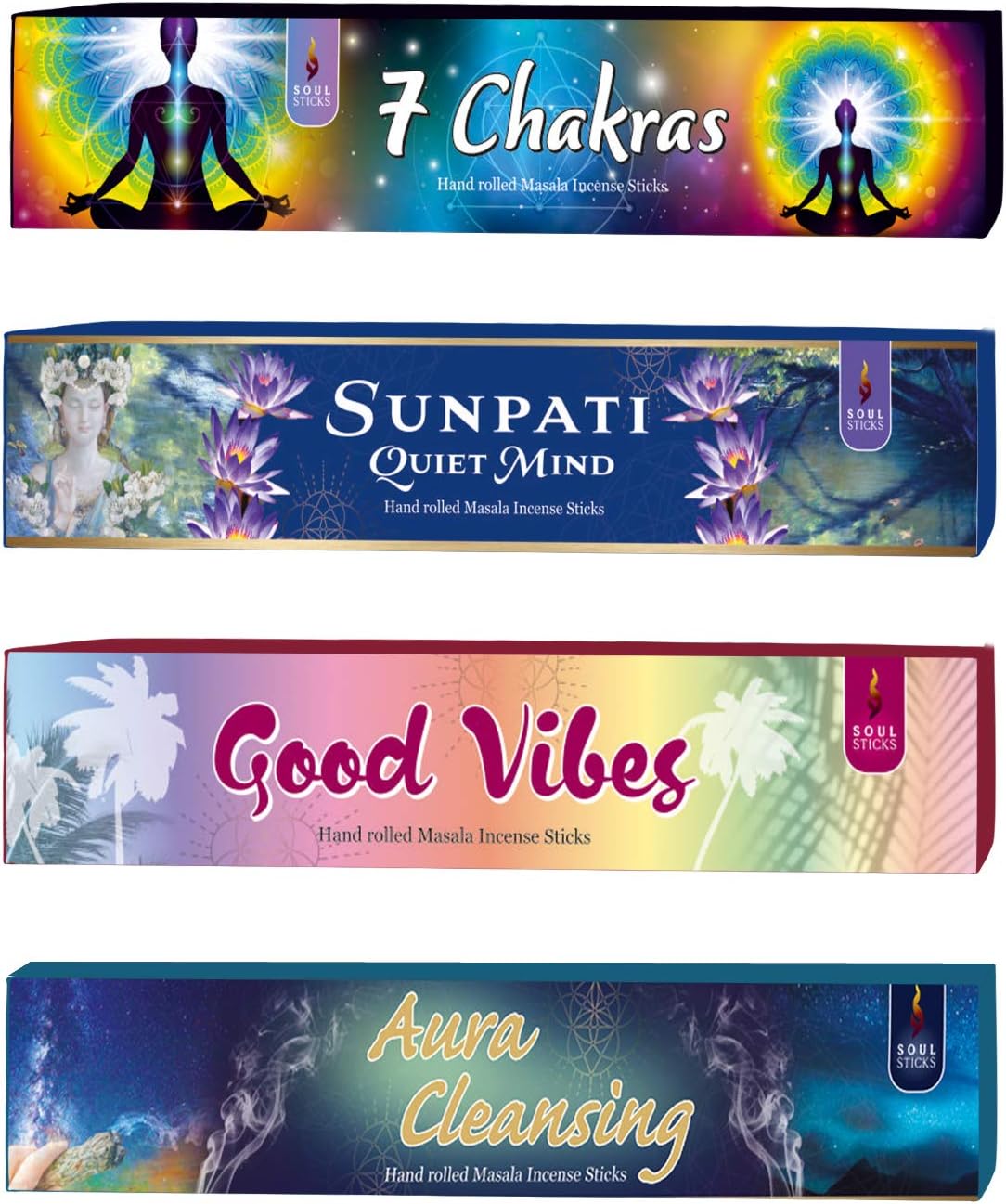 SOUL STICKS Handcrafted Incense Sticks Variety 4 Pack | 100% Natural Masala Incense Organic Home Fragrance Agarbatti | 15 Grams 10 Incense Sticks Per Pack (Divine Energy)