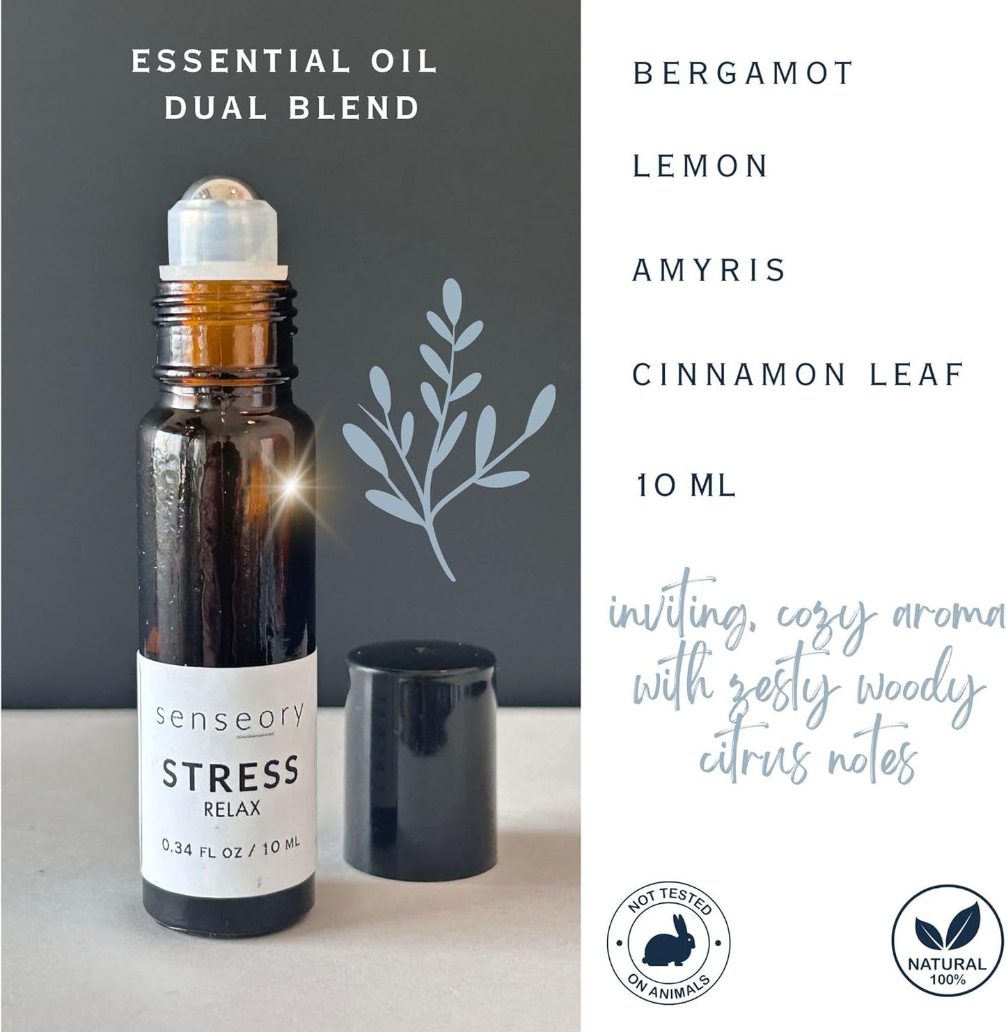 Stress Relax Essential Oil Roll-On – Bergamot, Lemon, Cinnamon Leaf & Amyris Blend – Natural Aromatherapy for Calm, Relaxation & Emotional Balance – 10ml Roll-On