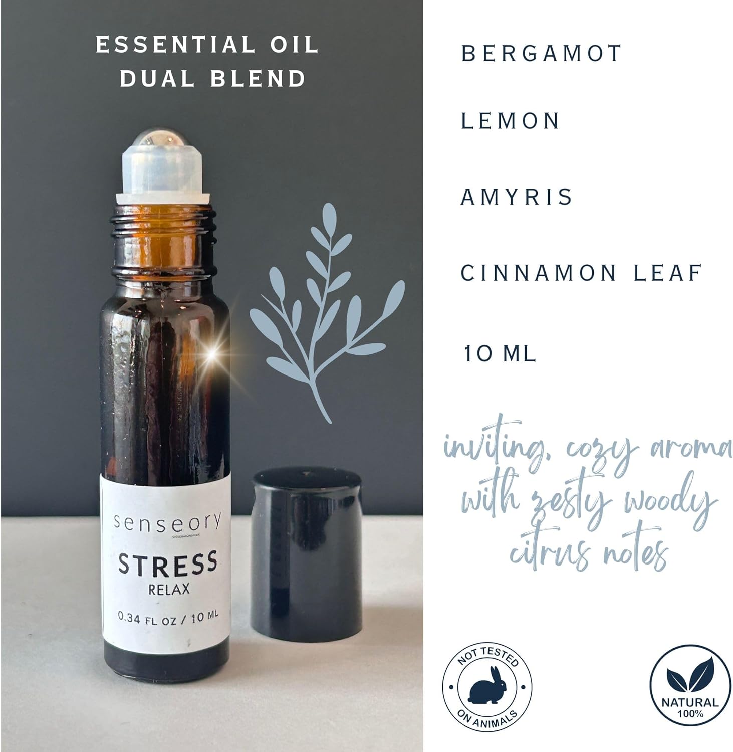 Stress Relax Essential Oil Roll-On – Bergamot, Lemon, Cinnamon Leaf & Amyris Blend – Natural Aromatherapy for Calm, Relaxation & Emotional Balance – 10ml Roll-On