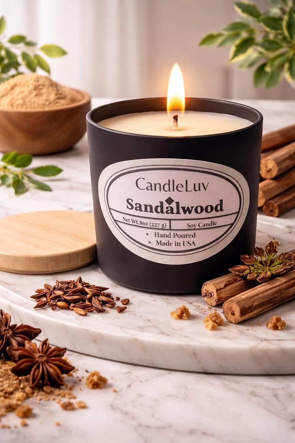 Sandalwood Scented Soy Candle – 8 oz Matte Black Tin – Hand Poured in USA – Long Lasting Natural Soy Wax Candle for Home, Relaxation & Gifts