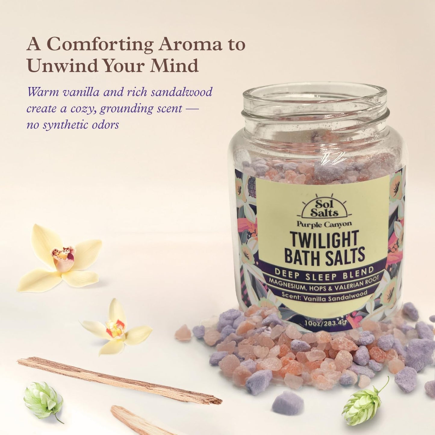PURPLE CANYON SolSalts Twilight Deep Sleep Bath Salts 10oz | Magnesium-Infused Sandalwood & Vanilla Aromatherapy with Clay Crumbles