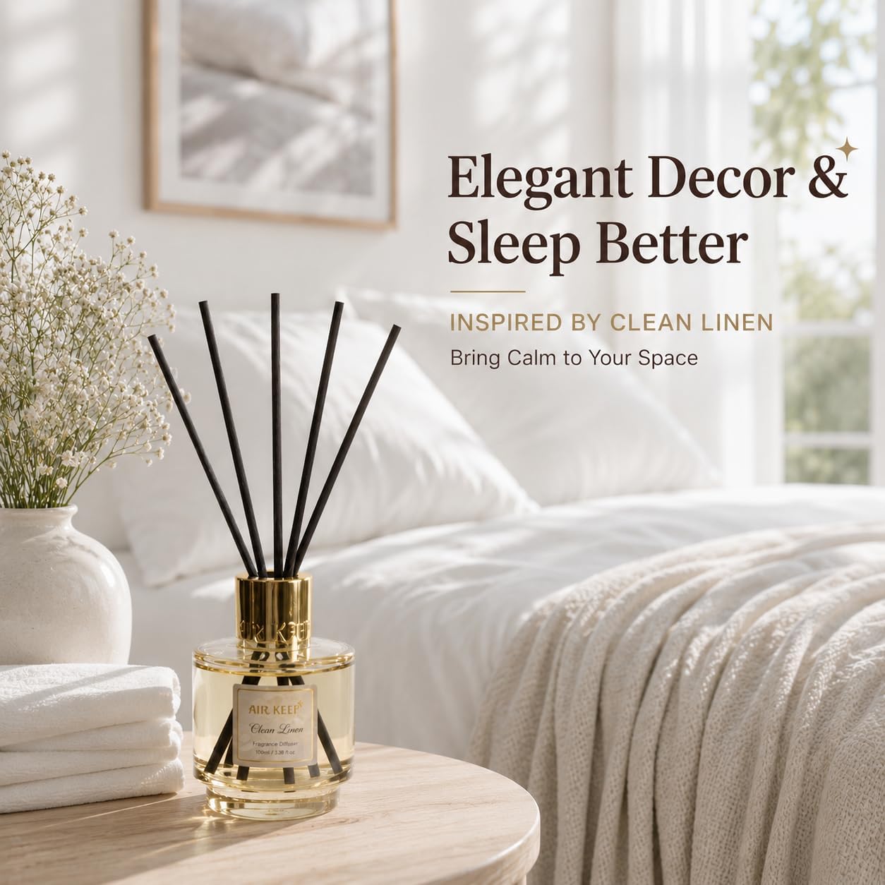 Airkeep Reed Diffuser Set with Refill & 8 Reed Sticks, 6.96 fl oz Clean Linen Home Fragrance, Long Lasting Aromatherapy Diffuser for Bedroom, Bathroom & Living Room