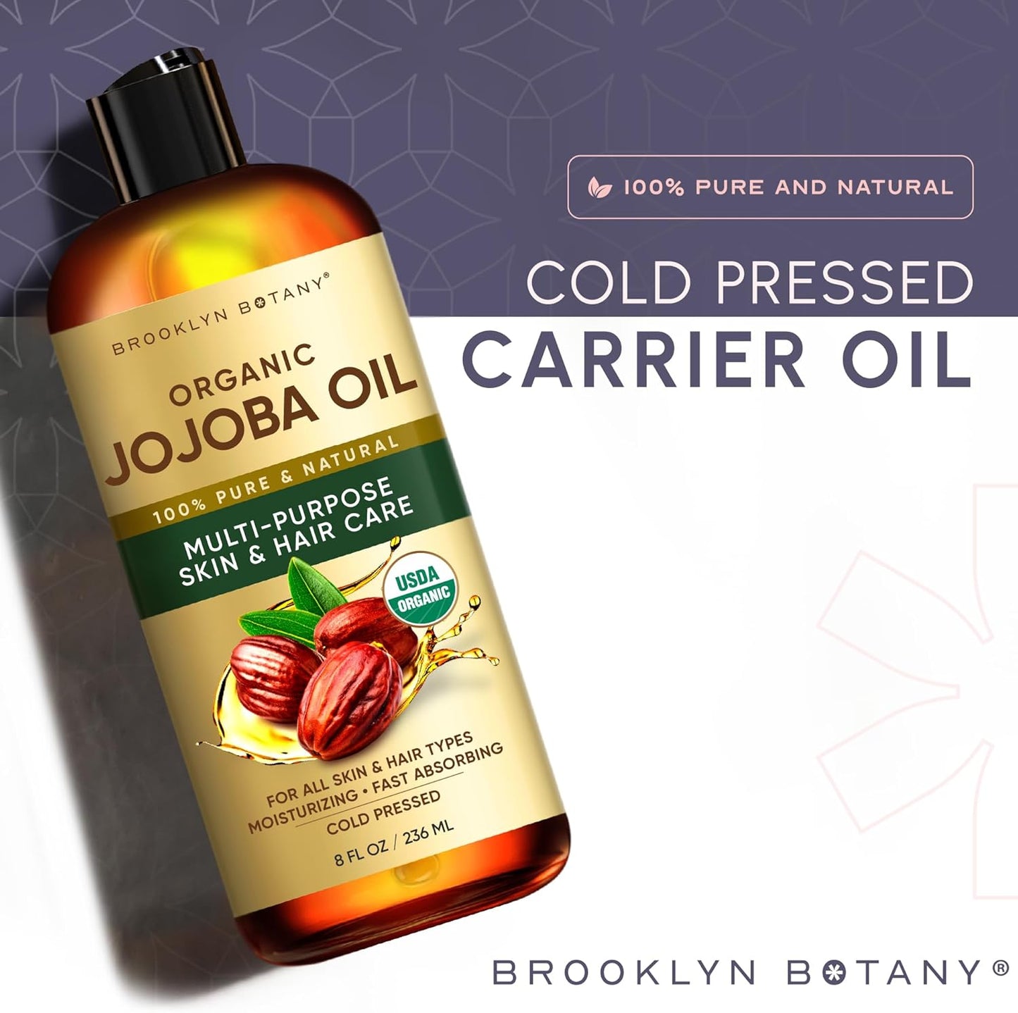 Brooklyn Botany Cold-Pressed Organic Jojoba Oil | for Skin, Hair and Face | 8 Fl Oz | 100% Pure and Natural | Carrier Oil for Essential Oils, Aromatherapy and Massage | Hexane Free