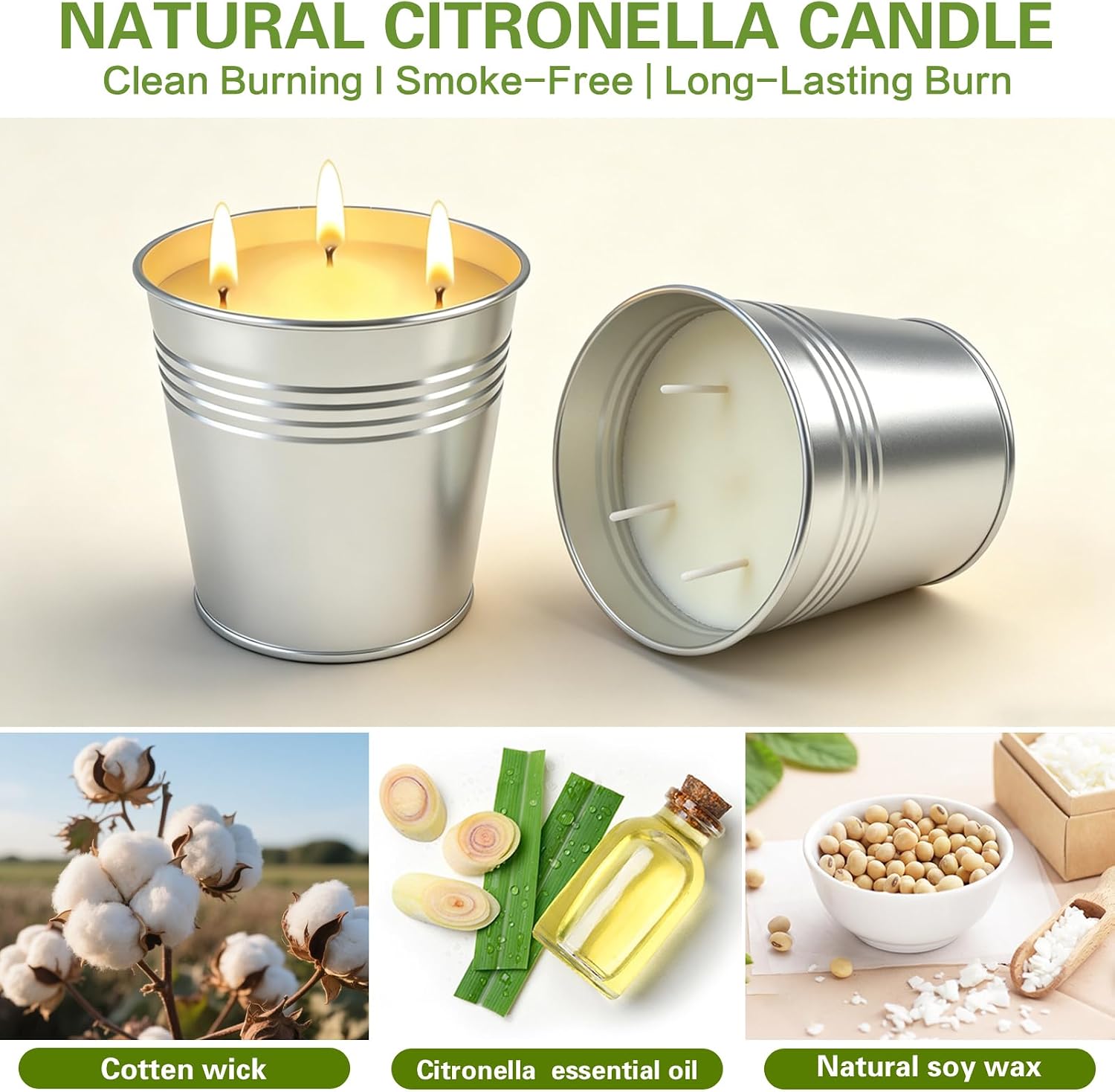 Citronella Candles Outdoor, 13 oz Large 3-Wick Soy Wax Candles for Patio, 2 Pack, Total 160H Burn Time, Natural Citronella Oil, Decorative Silver Tin Candle for Backyard, Garden, Camping, Deck