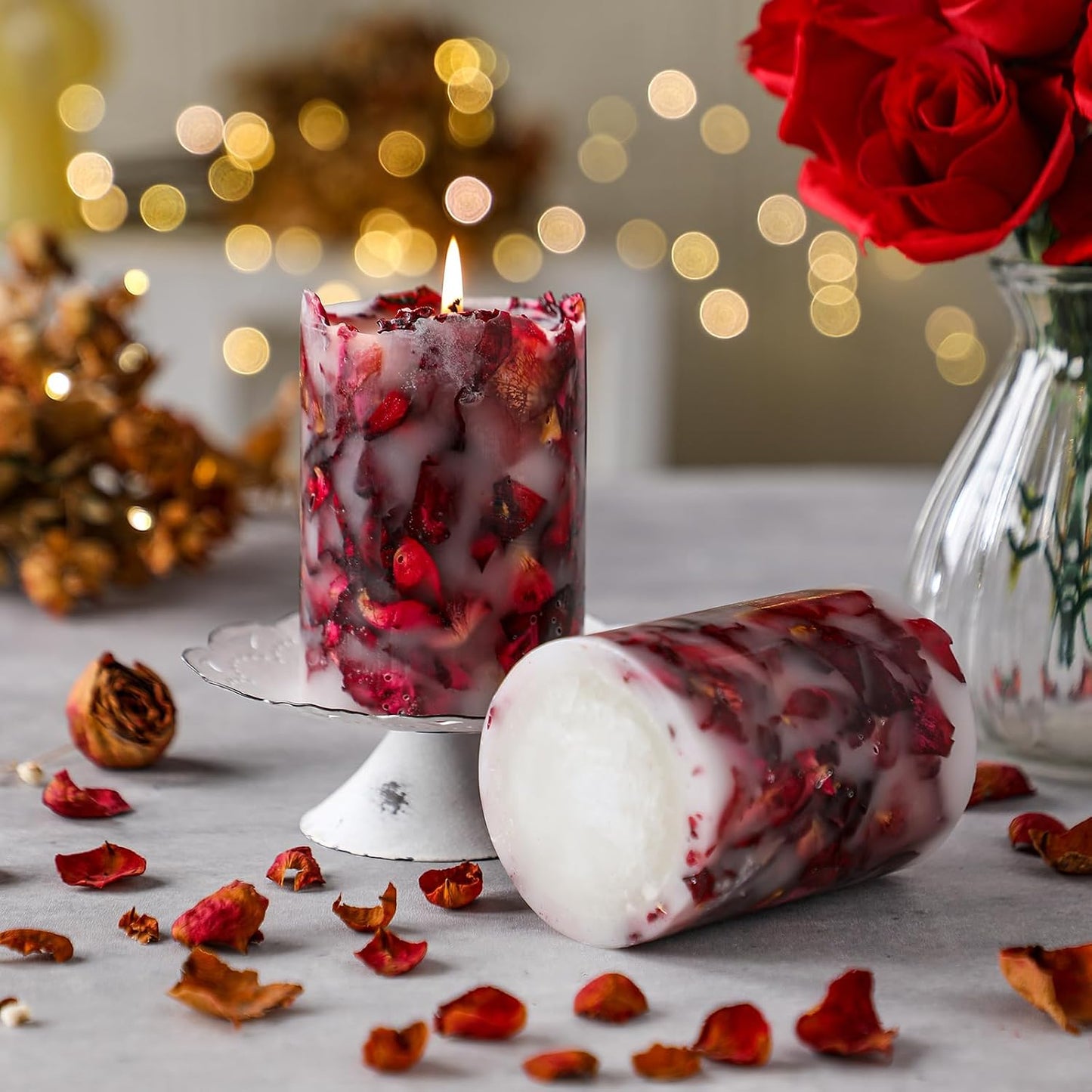 Nuanchu 2 Pcs Rose Petal Scented Pillar Candles - Dried Flower Infused Soy Wax Candles, Burning Candle for Home Decor, Wedding, Romantic Night, Birthday, Anniversary, Gifts for Women