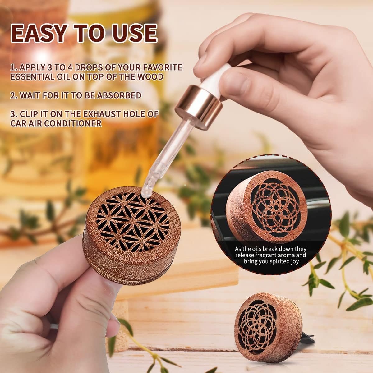 2-in-1 Car Aromatherapy Diffuser & Air Freshener, Portable Mini Wood Diffuser with Lava Stone, Essential Oil Vent Clip, 2 Charming Patterns