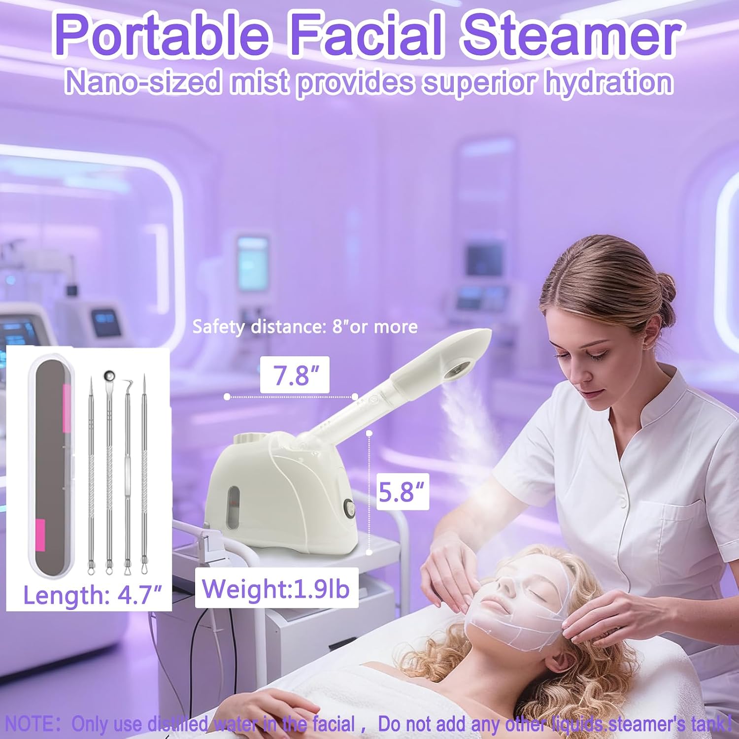 LIXESZT Facial Steamer Professional for Deep Cleansing with Extendable 360° Swivel Arm，Nano Constant Temperature Mist for Home Facial Spa-Sinuses Sinus Care, 4Pcs Stainless Steel Skin Care Kit