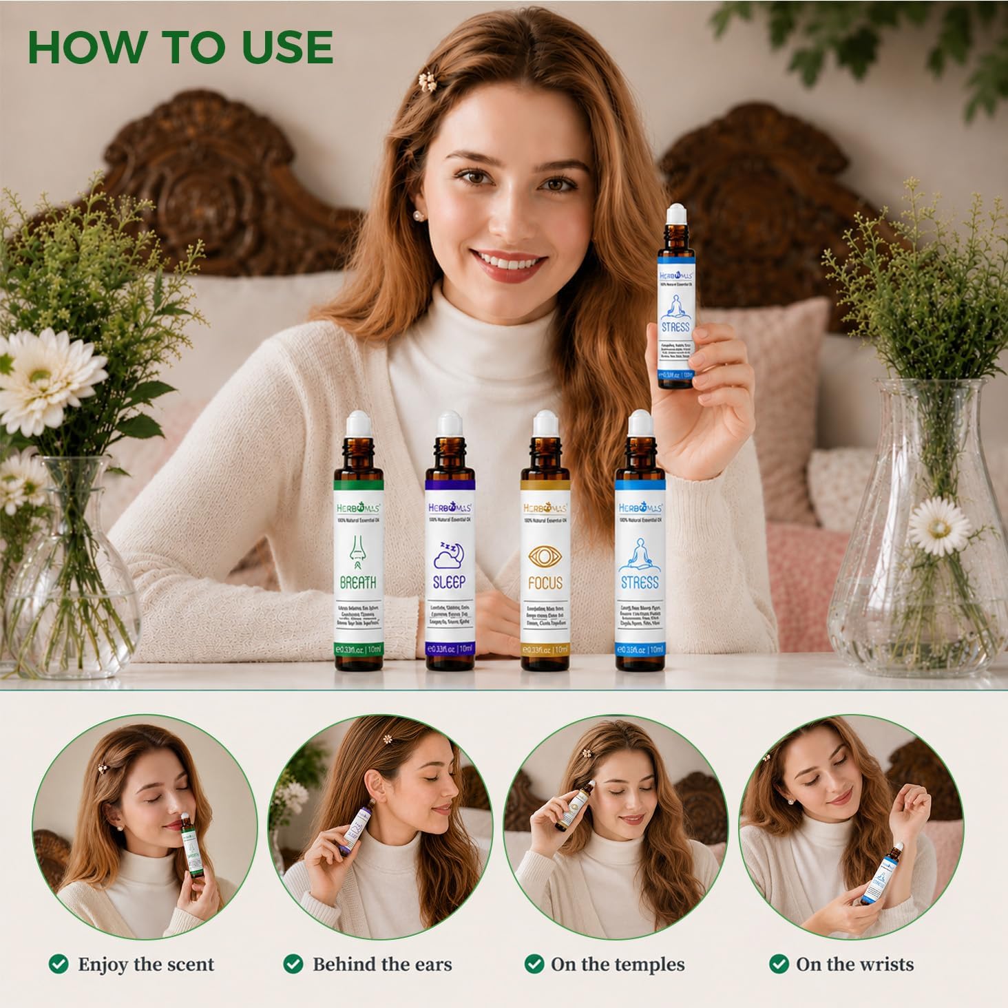 Aromatherapy Oils Roller Set, Natural Pre-diluted Essential Oils Roll On with Glass Rollerball, Relaxation Gift for Women & Men, Christmas Gift, Pack 4 x 0.33fl.oz