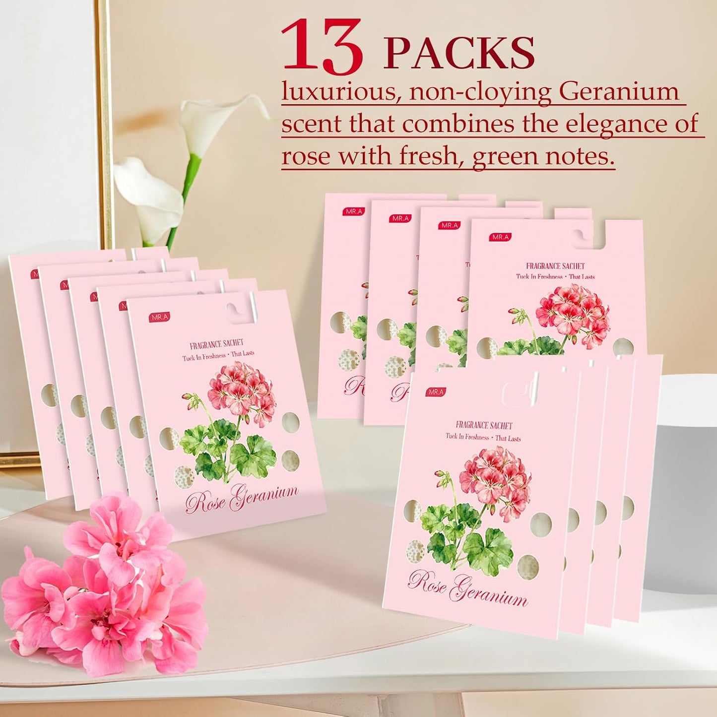 MR.A 13 Packs Geranium Scented Sachets, Fragrance Sachet Bags for Drawers and Closets, Air Fresheners for Car and Home, Closet Deodorizer Scented Drawer Fresheners for Dresser