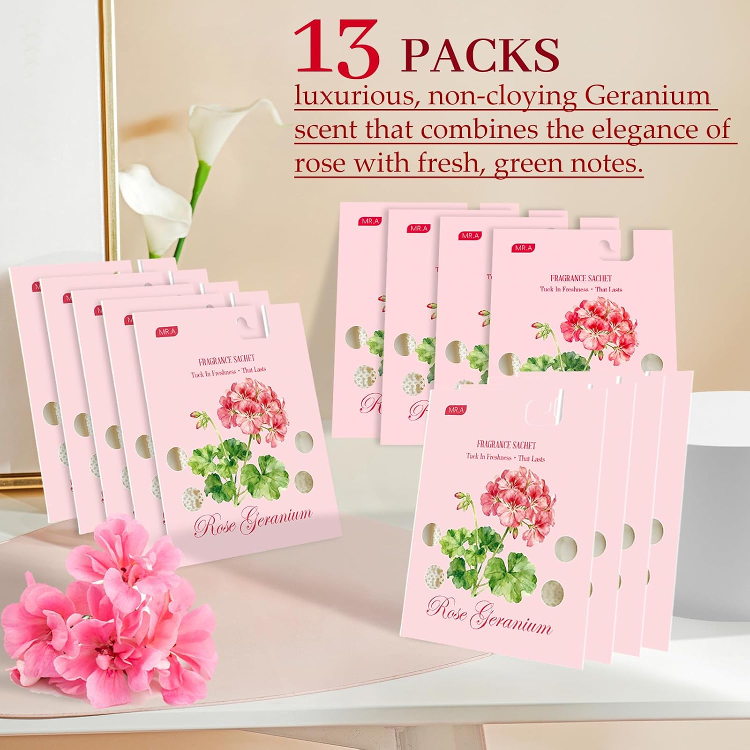 MR.A 13 Packs Geranium Scented Sachets, Fragrance Sachet Bags for Drawers and Closets, Air Fresheners for Car and Home, Closet Deodorizer Scented Drawer Fresheners for Dresser