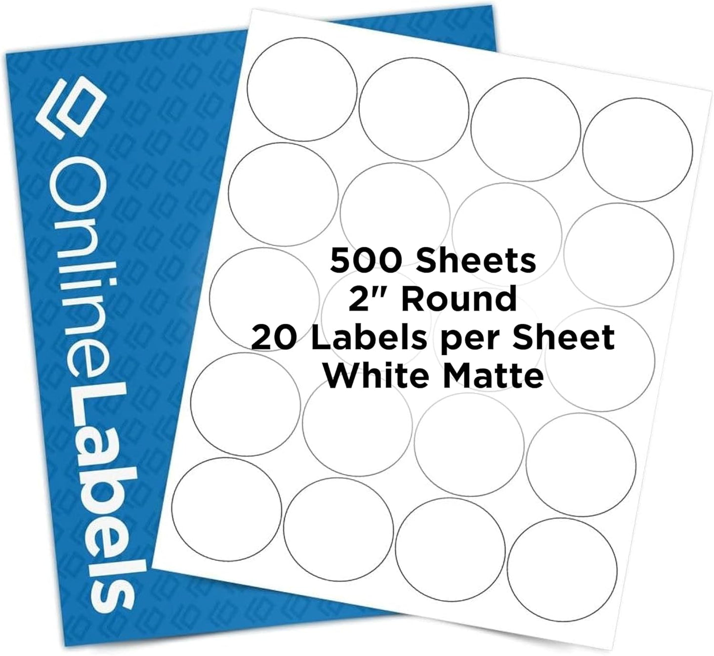 2" Round Labels - Permanent Adhesive, White Matte - Great for Candle and Jar Lids, Products, Favor Labels - Pack of 10,000 Circle Stickers, 500 Sheets - Inkjet/Laser Printers, OL5375WX, OnlineLabels