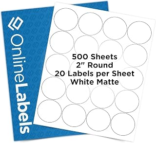 2" Round Labels - Permanent Adhesive, White Matte - Great for Candle and Jar Lids, Products, Favor Labels - Pack of 10,000 Circle Stickers, 500 Sheets - Inkjet/Laser Printers, OL5375WX, OnlineLabels