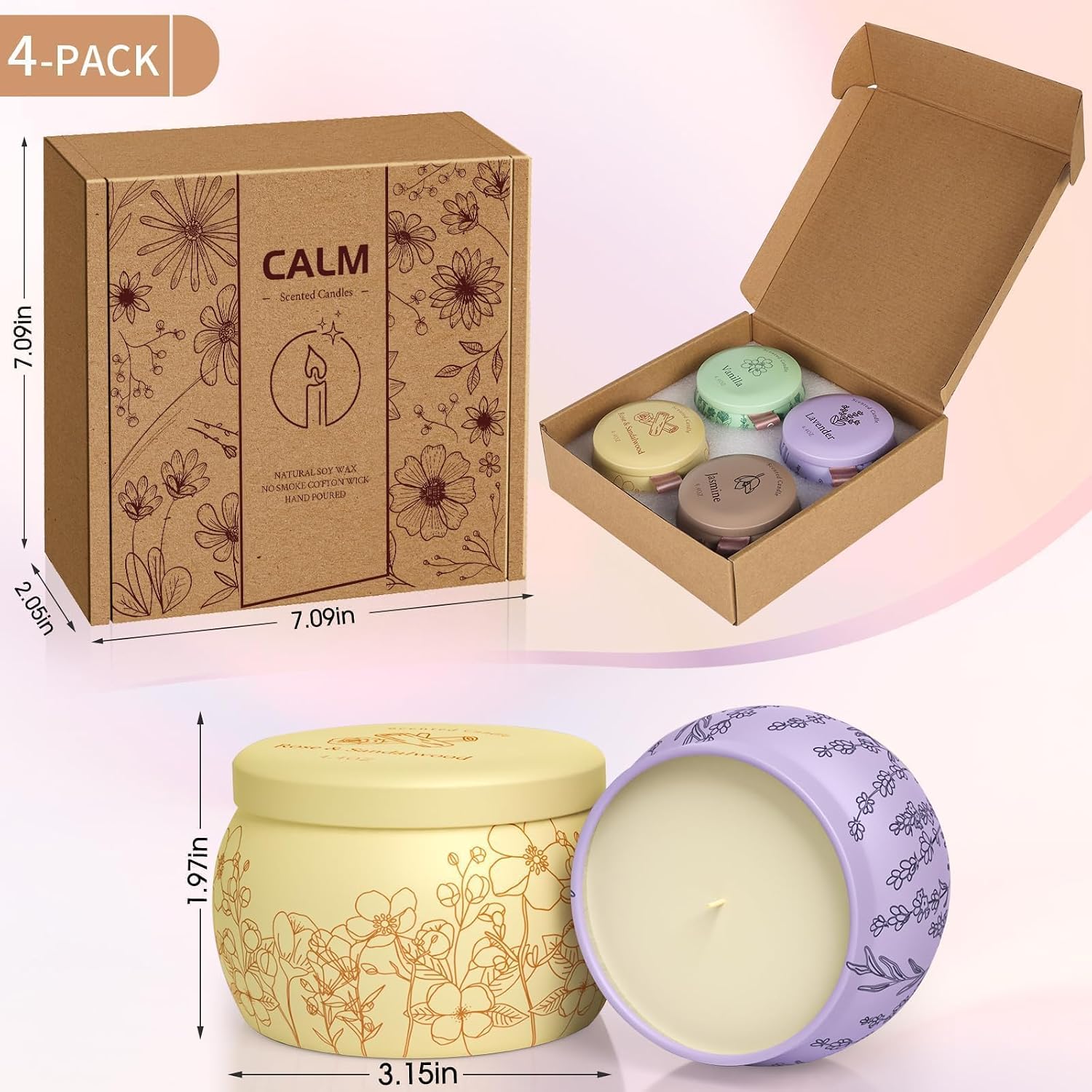 Scented Candles for Mom, 17.6oz Romantic Jar Candles for Women Girl Candle Set, 120H Burning, Soy Candle for Home Scented, Mother's Day,Birthday,Lavender | Vanilla | Rose & Sandalwood | Jasmine -4Pack