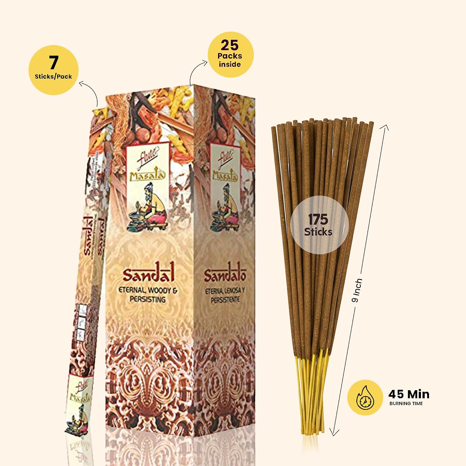 Flute Sandalwood Incense Sticks – Classic Woody Natural Masala Incense for Meditation, Yoga & Relaxation – 7 Sticks/Pack, 25 Packs/Box (9 Inch, 175 Sticks) | 45 Minutes Burn Time