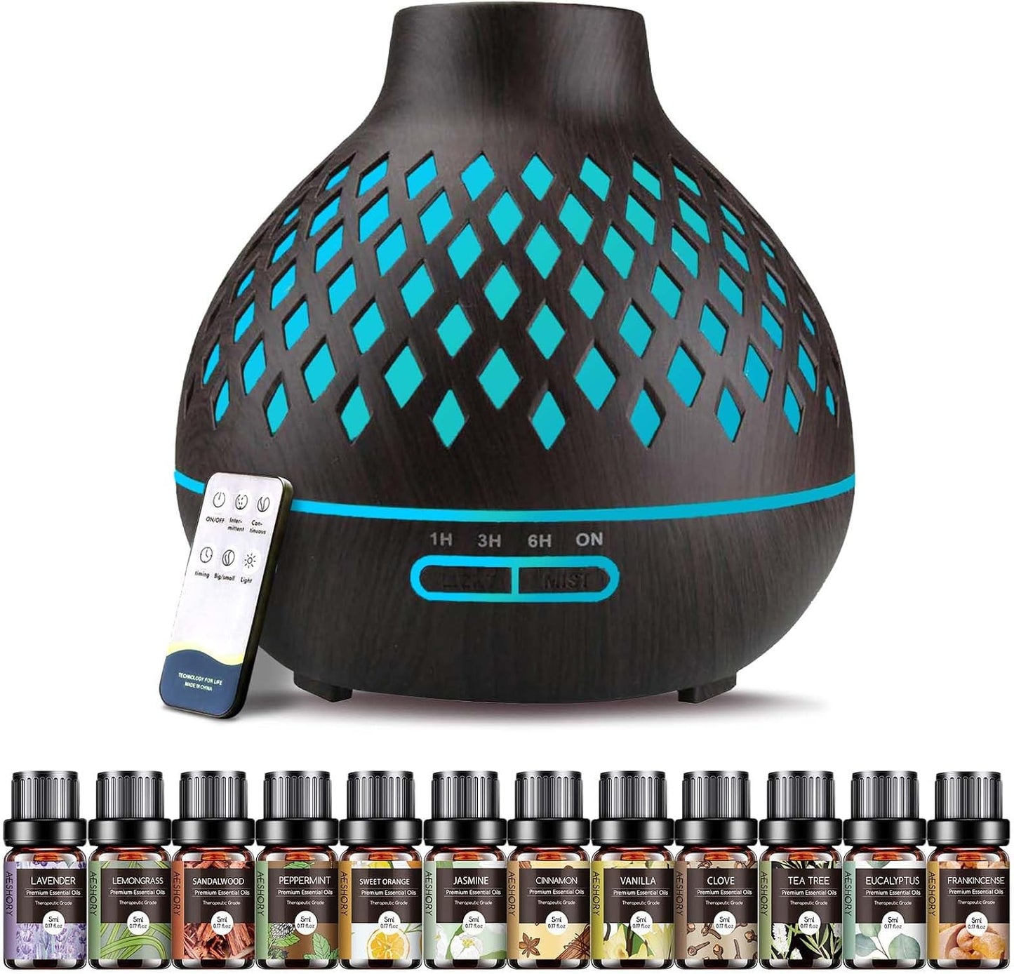 Aeshory Essential Oil Diffuser & 12 Essential Oils Set, 550ML Aromatherapy Diffuser for Home, Ultrasonic Cool Mist Humidifier with Remote Control 4 Timer 7 Color LED Light, Waterless Auto Off, Dark