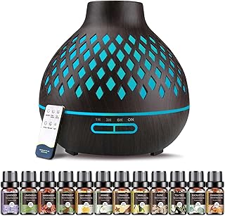 Aeshory Essential Oil Diffuser & 12 Essential Oils Set, 550ML Aromatherapy Diffuser for Home, Ultrasonic Cool Mist Humidifier with Remote Control 4 Timer 7 Color LED Light, Waterless Auto Off, Dark
