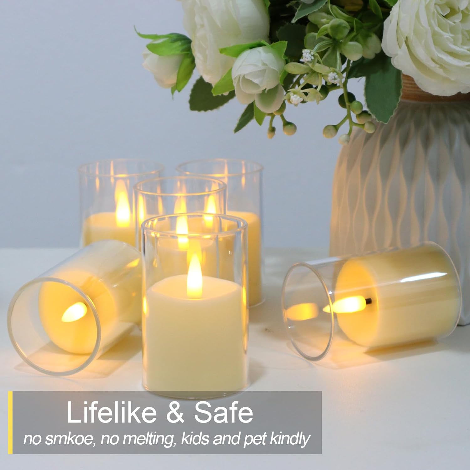 6 Pack Flickering Flameless Votive Candles with Timer and Remote, Battery Operated Long Lasting 300+ Hours, Small Pillar LED Fake Candles for Wedding Home Decor, Acrylic Shell, 2" x 3"