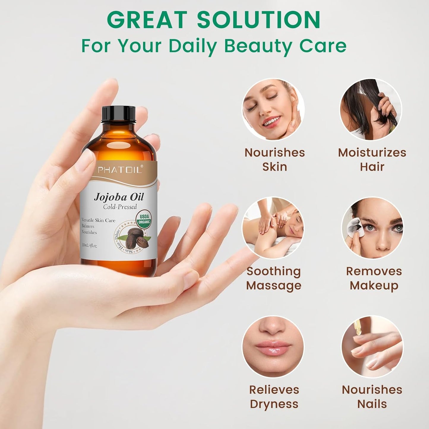 PHATOIL Organic Jojoba Oil Cold Pressed USDA Certified Premium Grade Jojoba Oil Deeply Moisturizing Carrier Oils for Skin, Body, Face, Nails and Hair Growth, Massage, Essential Oils Mixing(118ML)