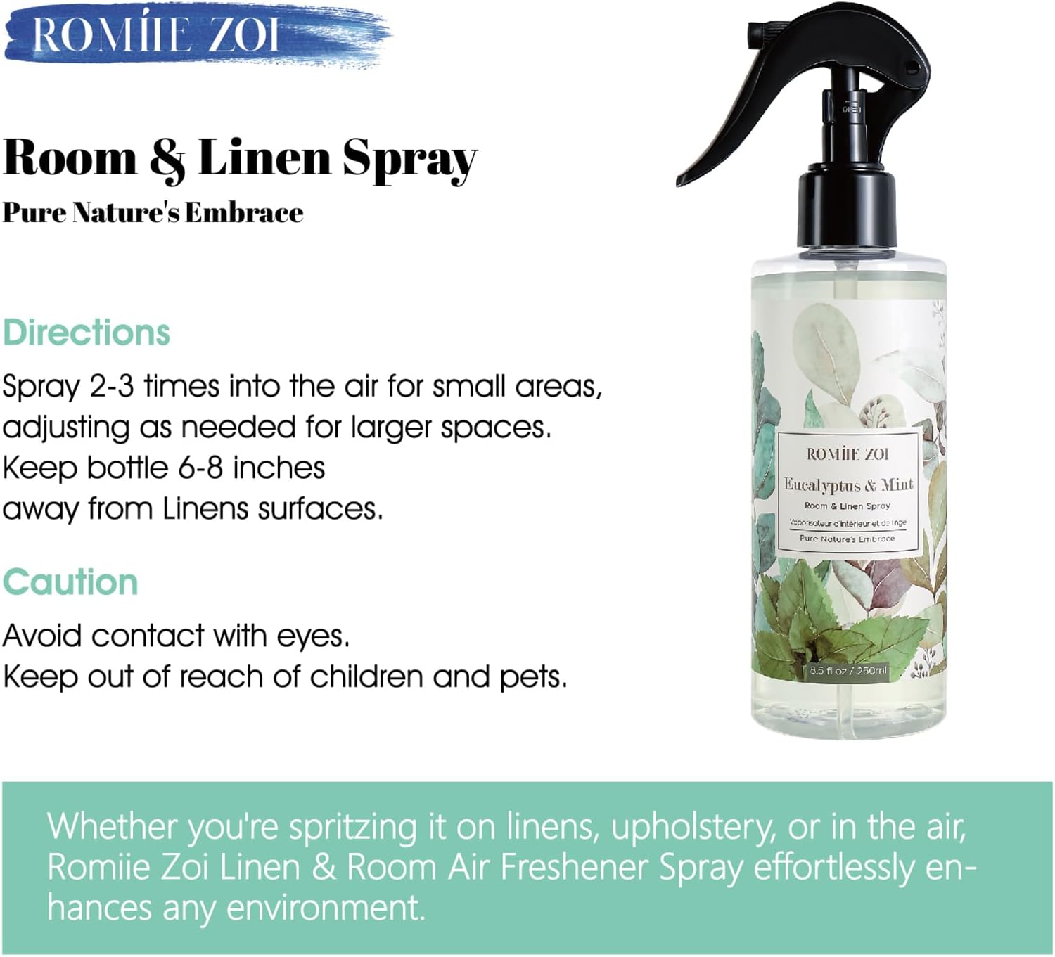 ROMIIE ZOI Linen & Room Air Freshener Spray Room Mist, with Natural Plant Extract, Eucalyptus & Mint Scent, 8.5 FL OZ.