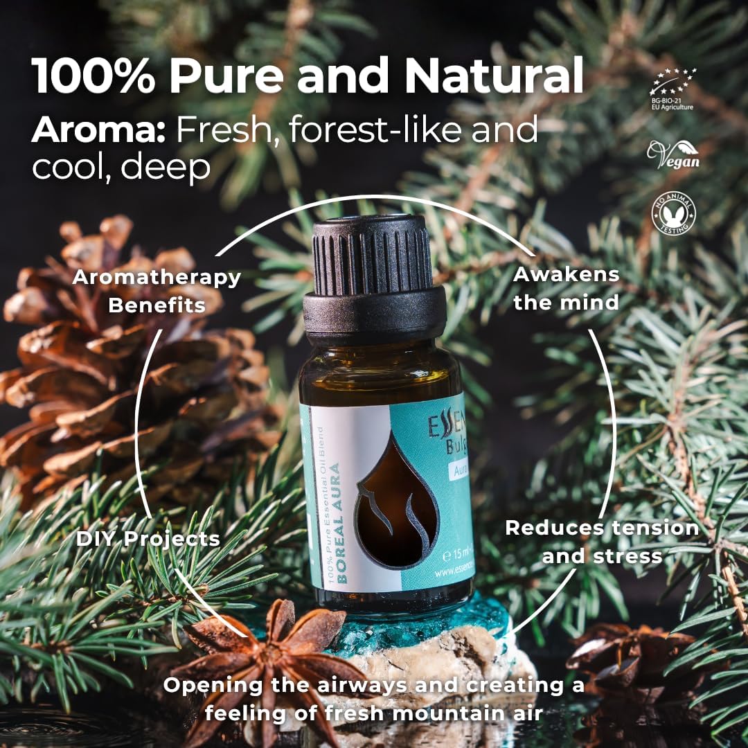Essences Bulgaria Boreal Aura Organic Essential Oil Blend 0.5 Fl Oz | 15ml | Silver Fir, Scotch Pine, Norway Spruce, Star Anise, Cedarwood | Aromatherapy, Sauna & SPA | 100% Pure & Natural | Undiluted
