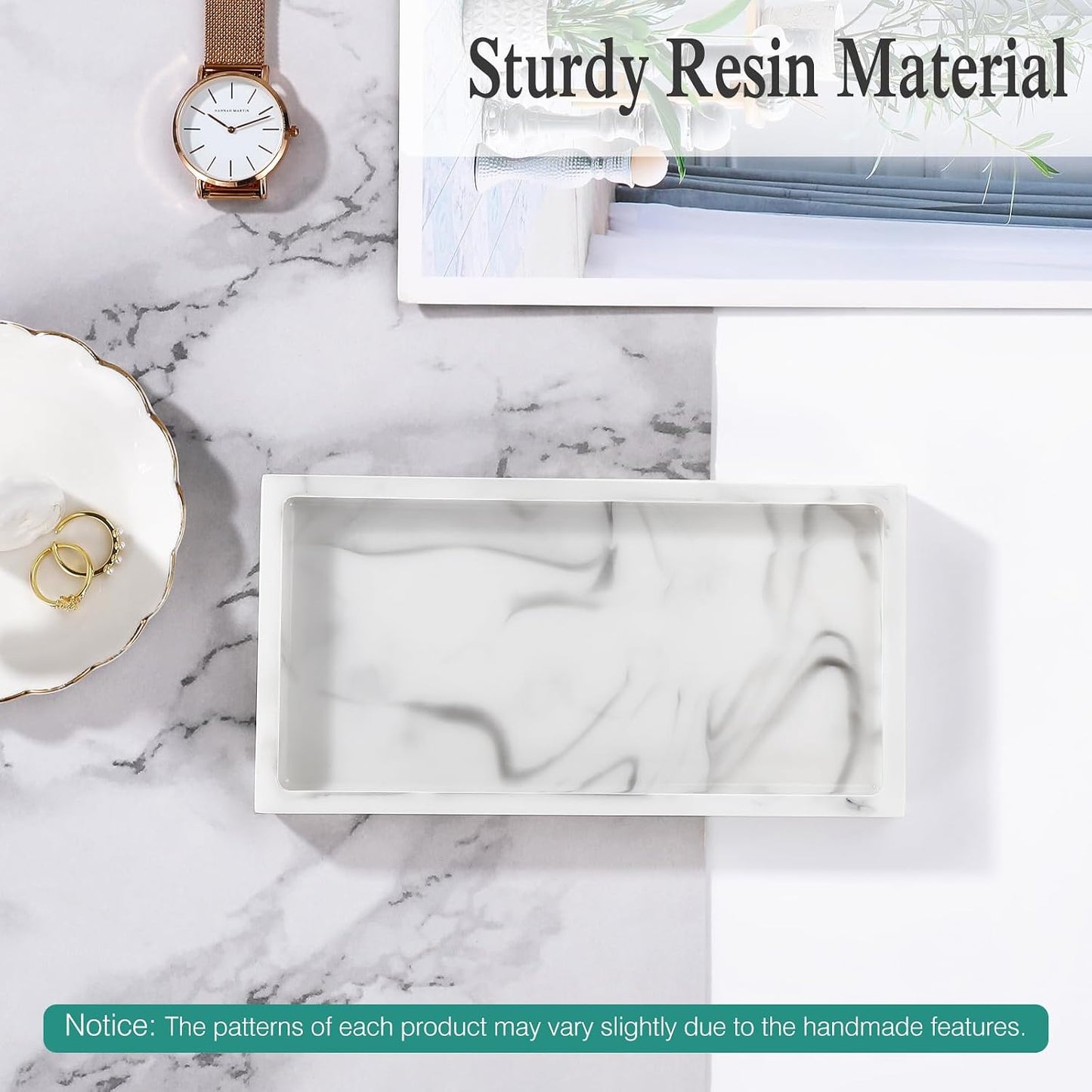 Emibele Bathroom Vanity Tray, Small 8" Rectangular Resin Kitchen Soap Dresser Jewelry Dish Tray Bathroom Countertop Organizer Tray for Cosmetic Perfume Candle, Mini, Ink White