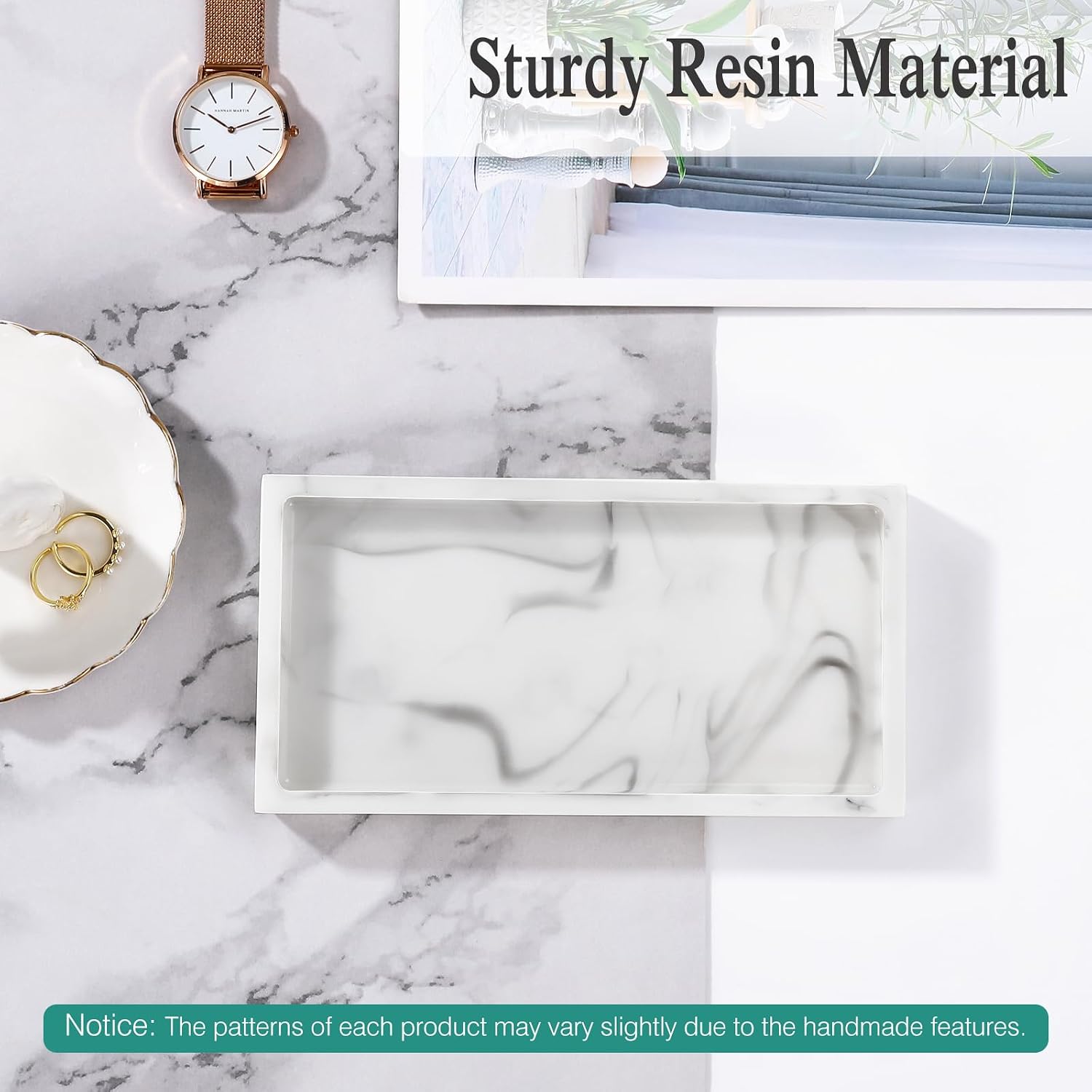 Emibele Bathroom Vanity Tray, Small 8" Rectangular Resin Kitchen Soap Dresser Jewelry Dish Tray Bathroom Countertop Organizer Tray for Cosmetic Perfume Candle, Mini, Ink White