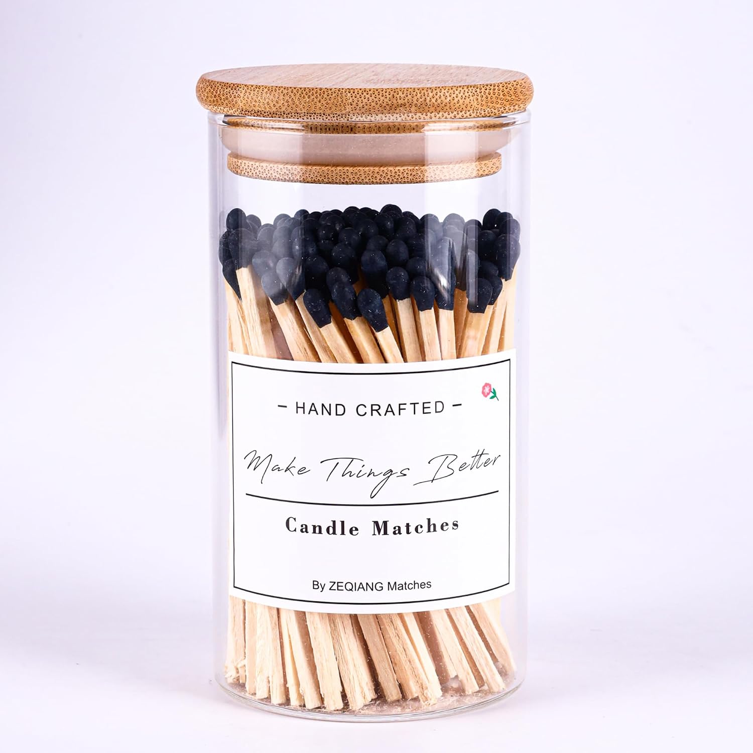 Black Matches Included (150Pcs), Glass Match Holder with Striker, Glass Match Cloche with Striker, Match Bottle with Candles Matches, 3'' Wooden Safety Matches for Candles BBQ Grill Fireplace