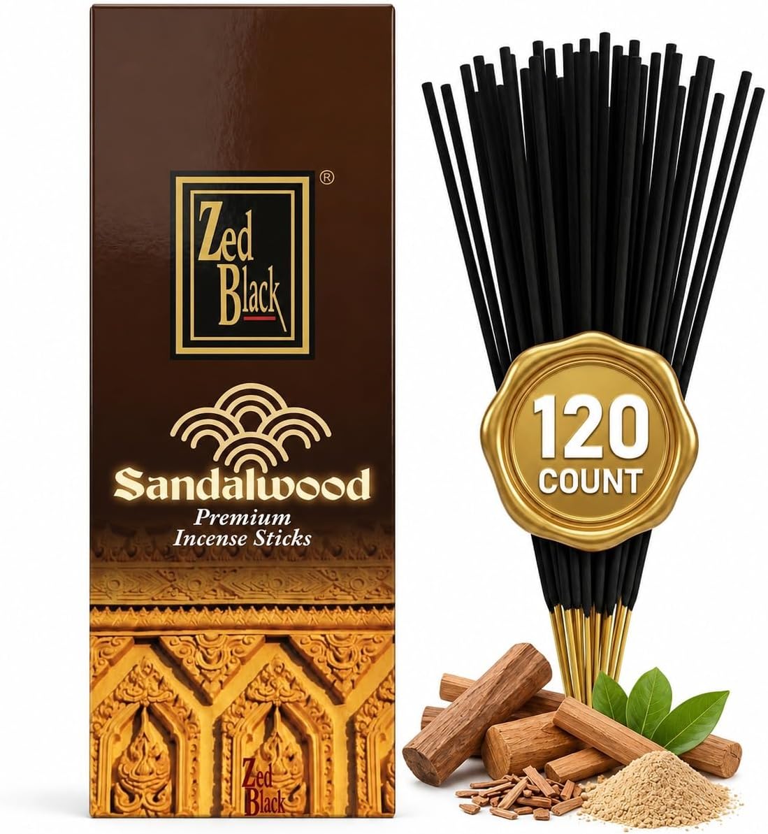 Sandalwood Incense Sticks -120 Count | Hand-Rolled, Long-Lasting Sandalwood Aroma | Ideal for Meditation, Relaxation, Yoga & Spiritual Balance I Zed Black