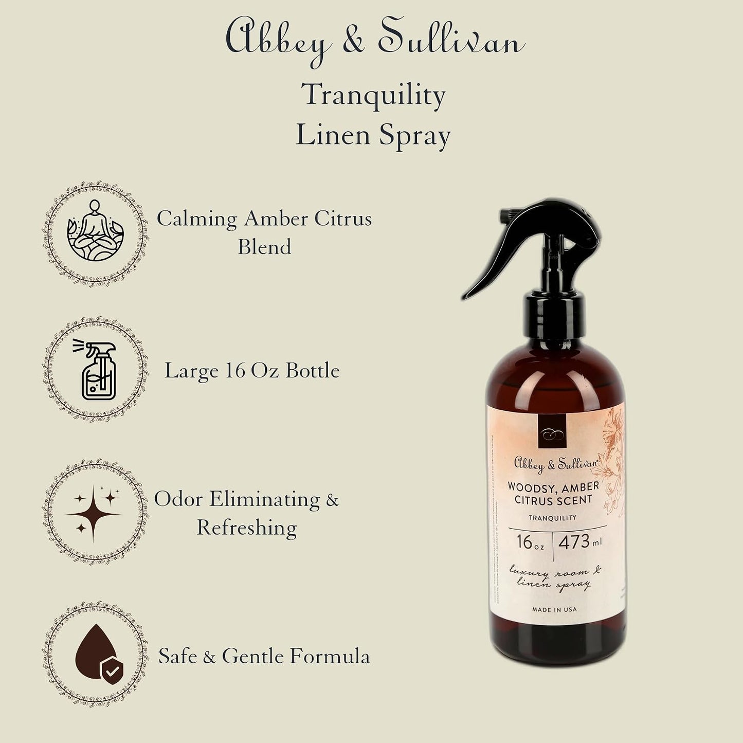 Abbey & Sullivan Linen Spray, Tranquility Warm Amber & Refreshing Citrus Odor Eliminating Scent, Pack of 2, 16 oz