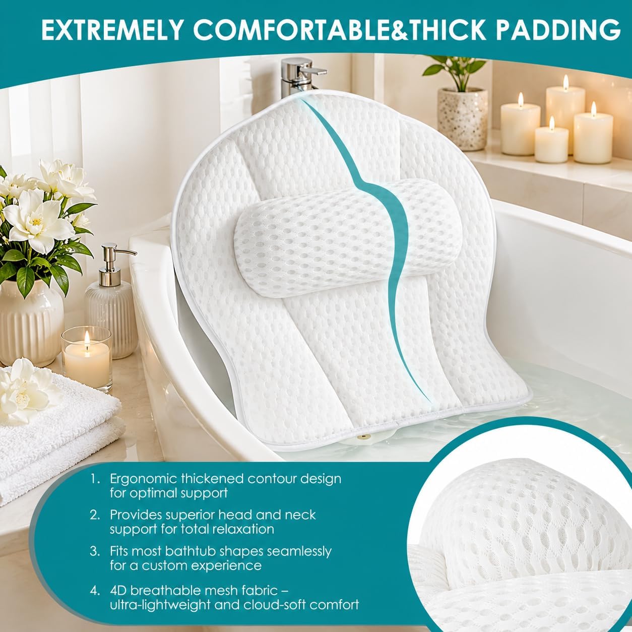 Bath Pillow for Tub,Luxury Bath Pillow for Back,Bathtub Pillow | Bathtub Pillow is Made of Soft 5D Mesh Fabric, Anti Slip Suction Cups, Spa Gifts, Neck And Back Support (Regular Version)