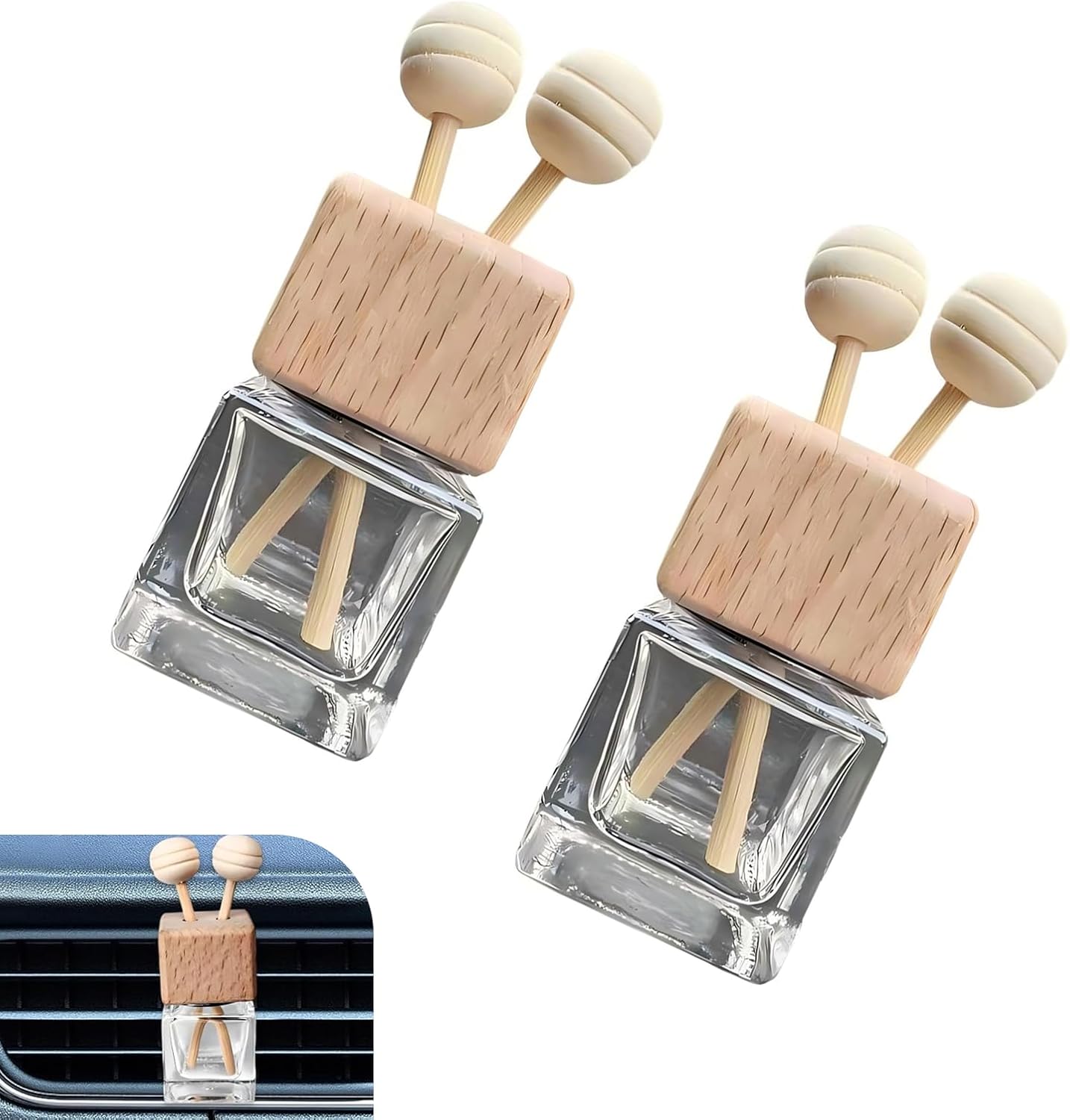 2 PCS Car Vent Diffuser Clips, Refillable Empty Glass Bottles with Natural Wood Cap & Stick, Anti-shake Decorative Air Outlet Holder, Interior Accessory for Most Cars (Transparent)