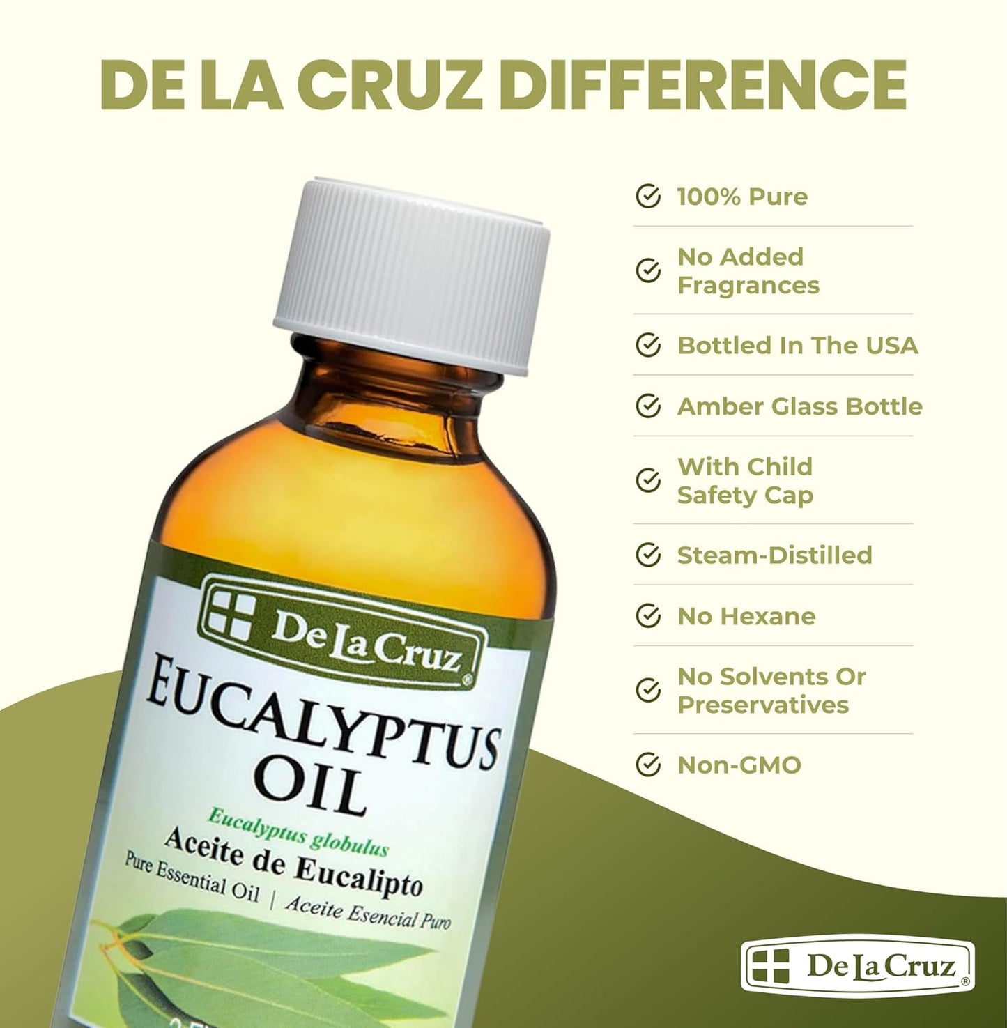 De La Cruz Eucalyptus Essential Oil, 100% Pure Steam Distilled Eucalyptus Globulus, Eucalyptus Oil, Eucalyptus Essential Oil for Diffuser, 2 FL OZ, Aromatherapy, Tree Oil (1 Bottle)