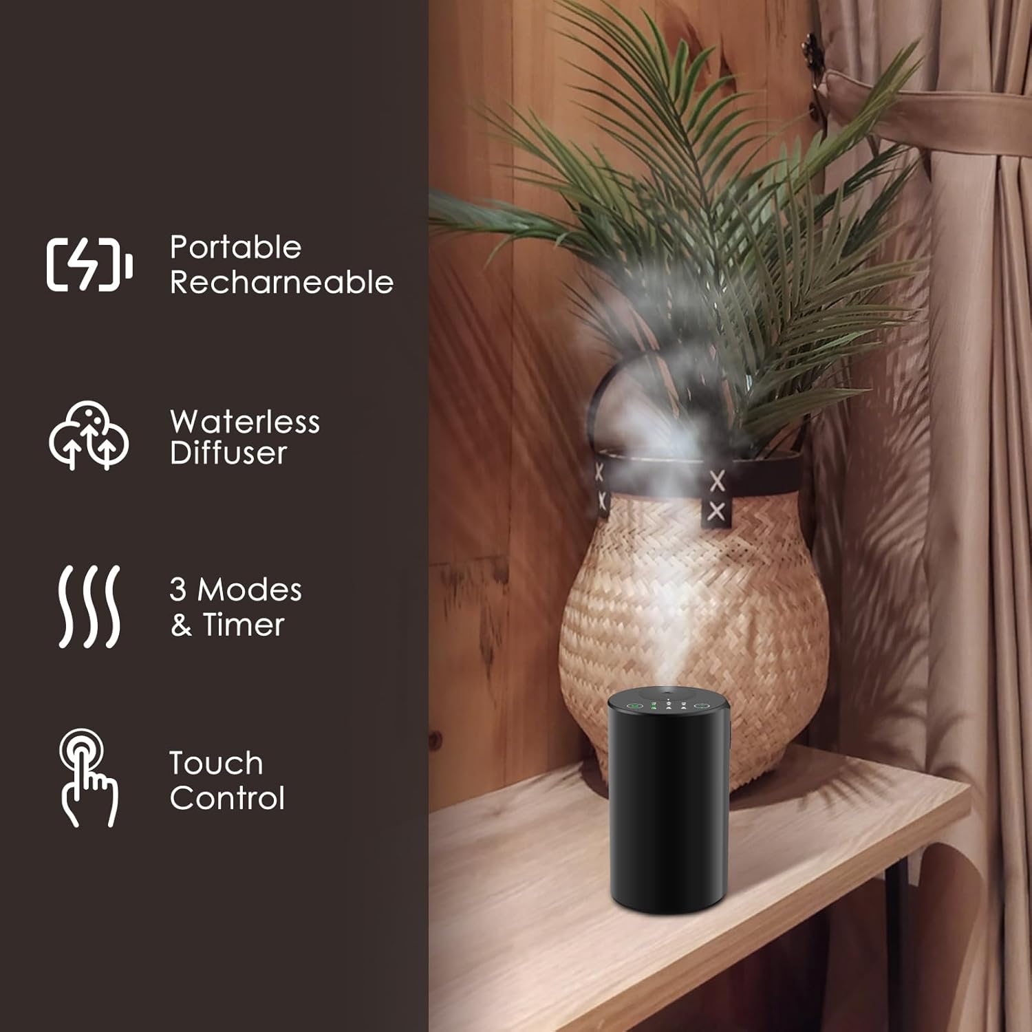 Waterless Essential Oil Diffuser, Battery Powered Mini Scent Air Machine, Aromatherapy Mist Diffuser for Home Room Car Office，Black Aluminum Alloy (Black)