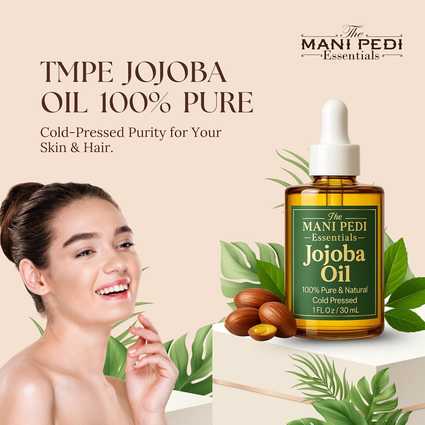 TMPE 100% Pure Jojoba Oil, Cold Pressed, Non-Comedogenic Moisturizing Oil for Hair, Face, Skin & Nails - 1 fl oz