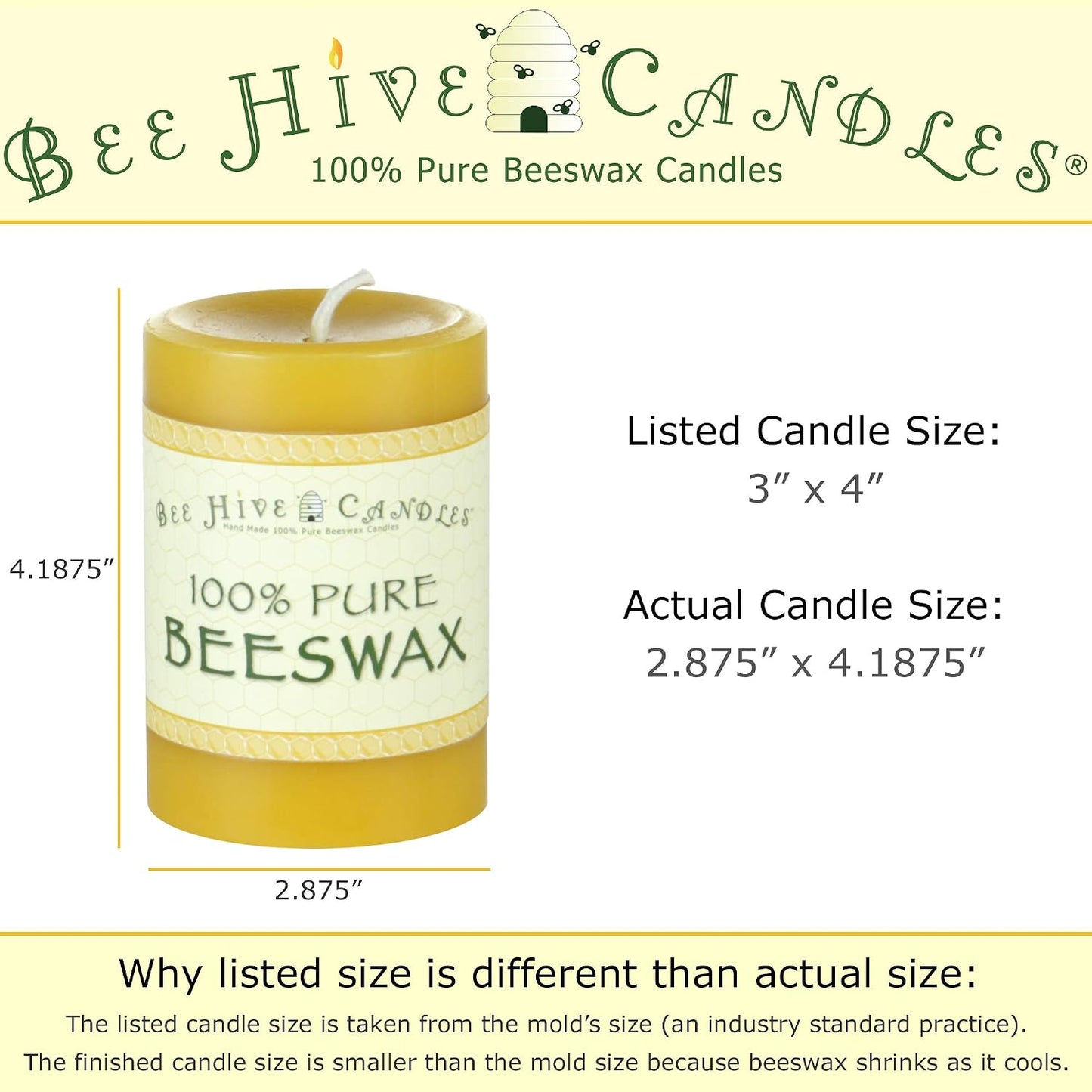 Bee Hive Candles 100% Pure Beeswax Pillar Candle (3" x 4")